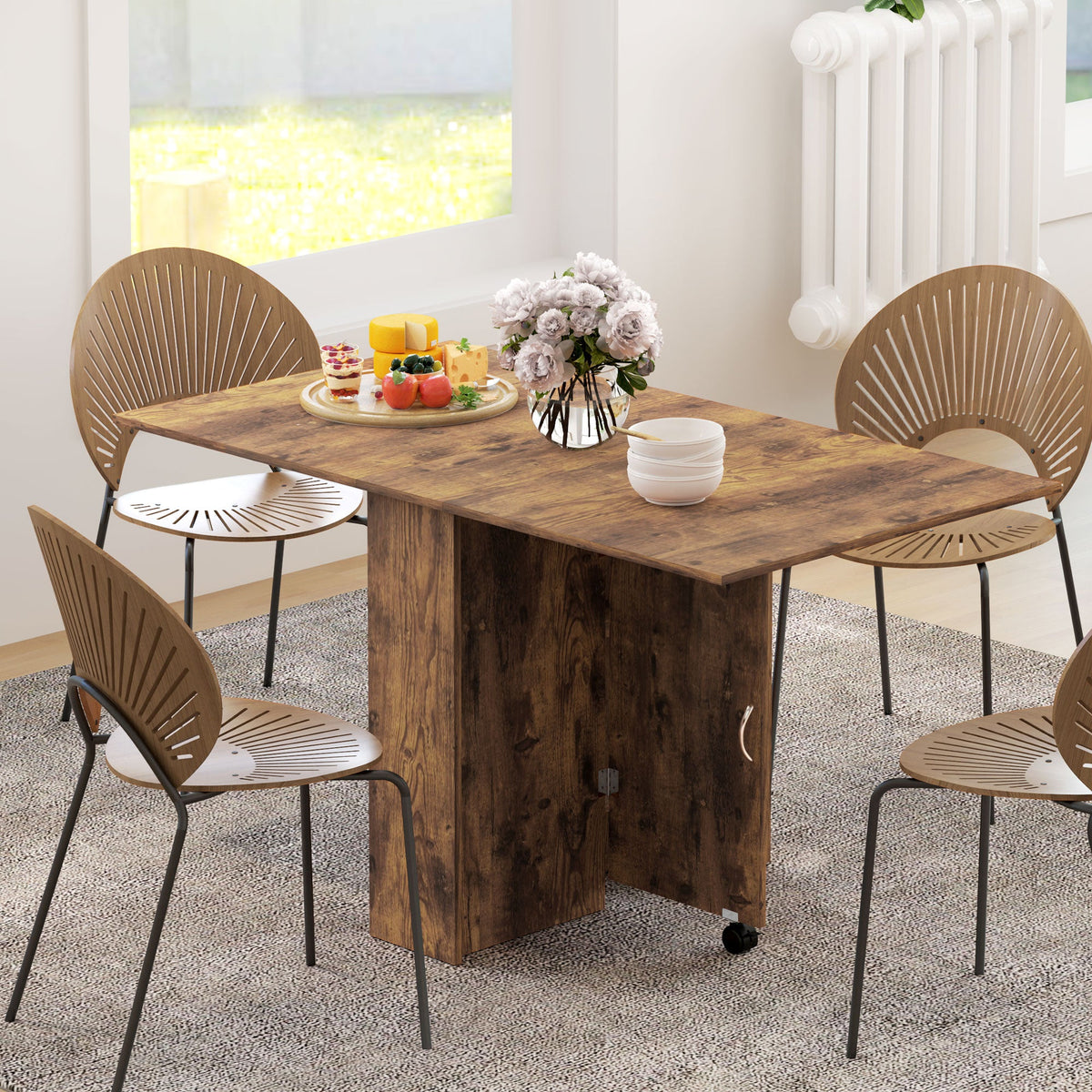 80-140 cm Folding Dining Table for 4-6 People, Drop Leaf Table with 2-Tier Shelves, Rolling Casters, for Small Spaces, Kitchen, Flat, Dining Room, Rustic Brown