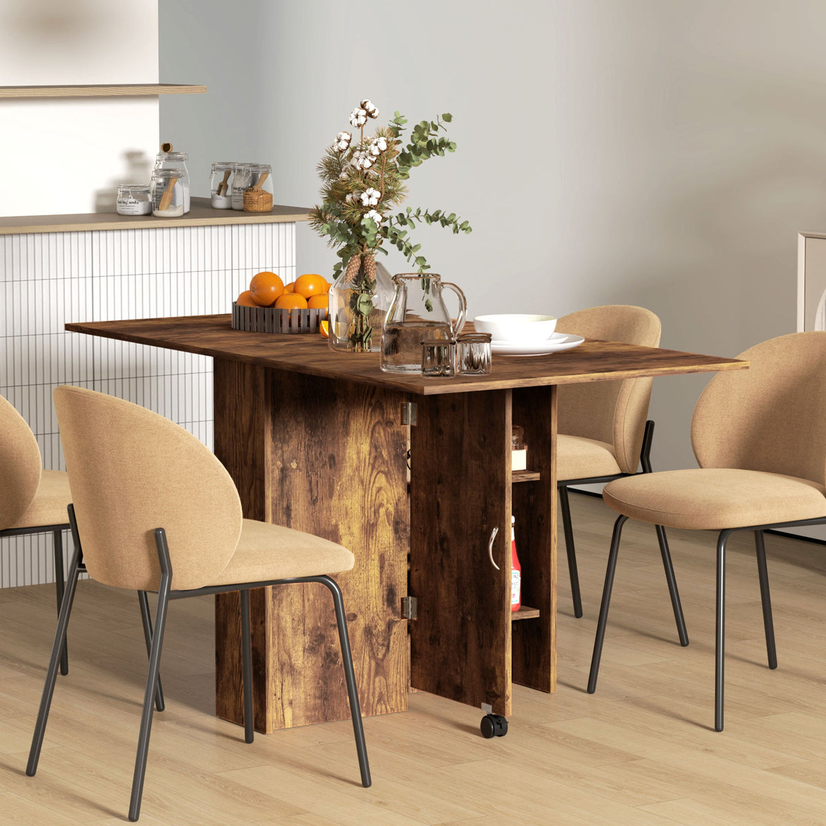 80-140 cm Folding Dining Table for 4-6 People, Drop Leaf Table with 2-Tier Shelves, Rolling Casters, for Small Spaces, Kitchen, Flat, Dining Room, Rustic Brown