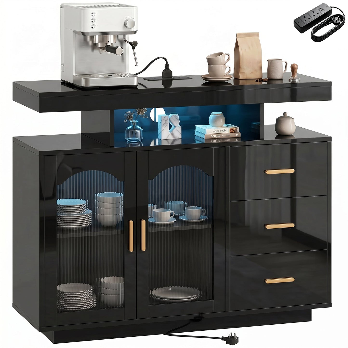 High Gloss Sideboard with LED Lights, Built-in Power Outlets, Modern Storage Cabinet with 3 Drawers, Shelves and 2 Acrylic Doors, Soft-Close TV Stand Unit for 72-Inch TVs, Living Room, Black