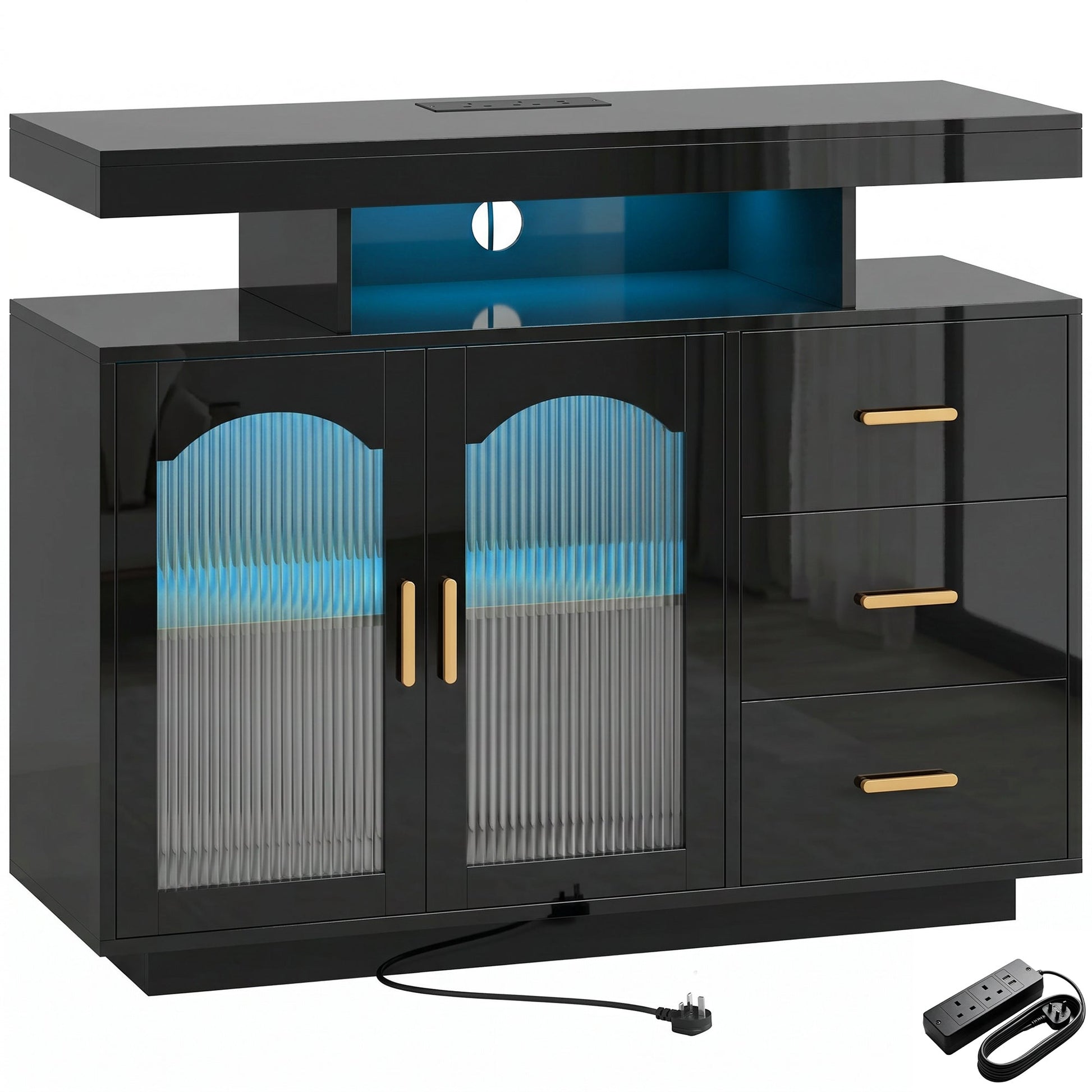 High Gloss Sideboard with LED Lights, Built-in Power Outlets, Modern Storage Cabinet with 3 Drawers, Shelves and 2 Acrylic Doors, Soft-Close TV Stand Unit for 72-Inch TVs, Living Room, Black
