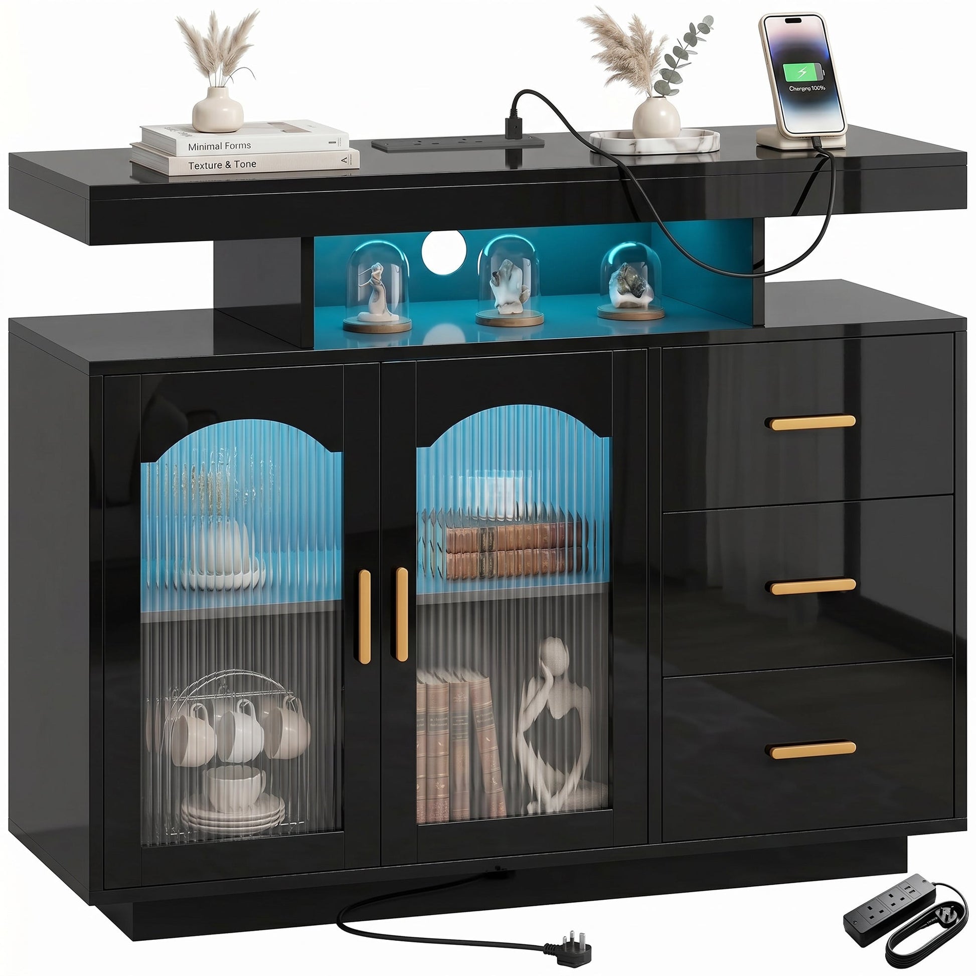 High Gloss Sideboard with LED Lights, Built-in Power Outlets, Modern Storage Cabinet with 3 Drawers, Shelves and 2 Acrylic Doors, Soft-Close TV Stand Unit for 72-Inch TVs, Living Room, Black