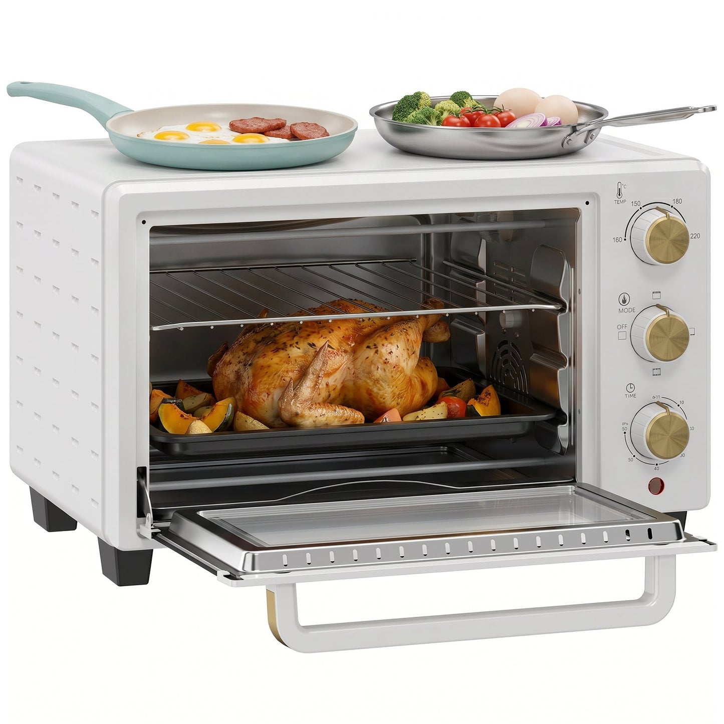 Mini Oven, 21L Countertop Electric Grill, Toaster Oven with Adjustable Temperature, Timer, Baking Tray and Wire Rack, 1400W, White