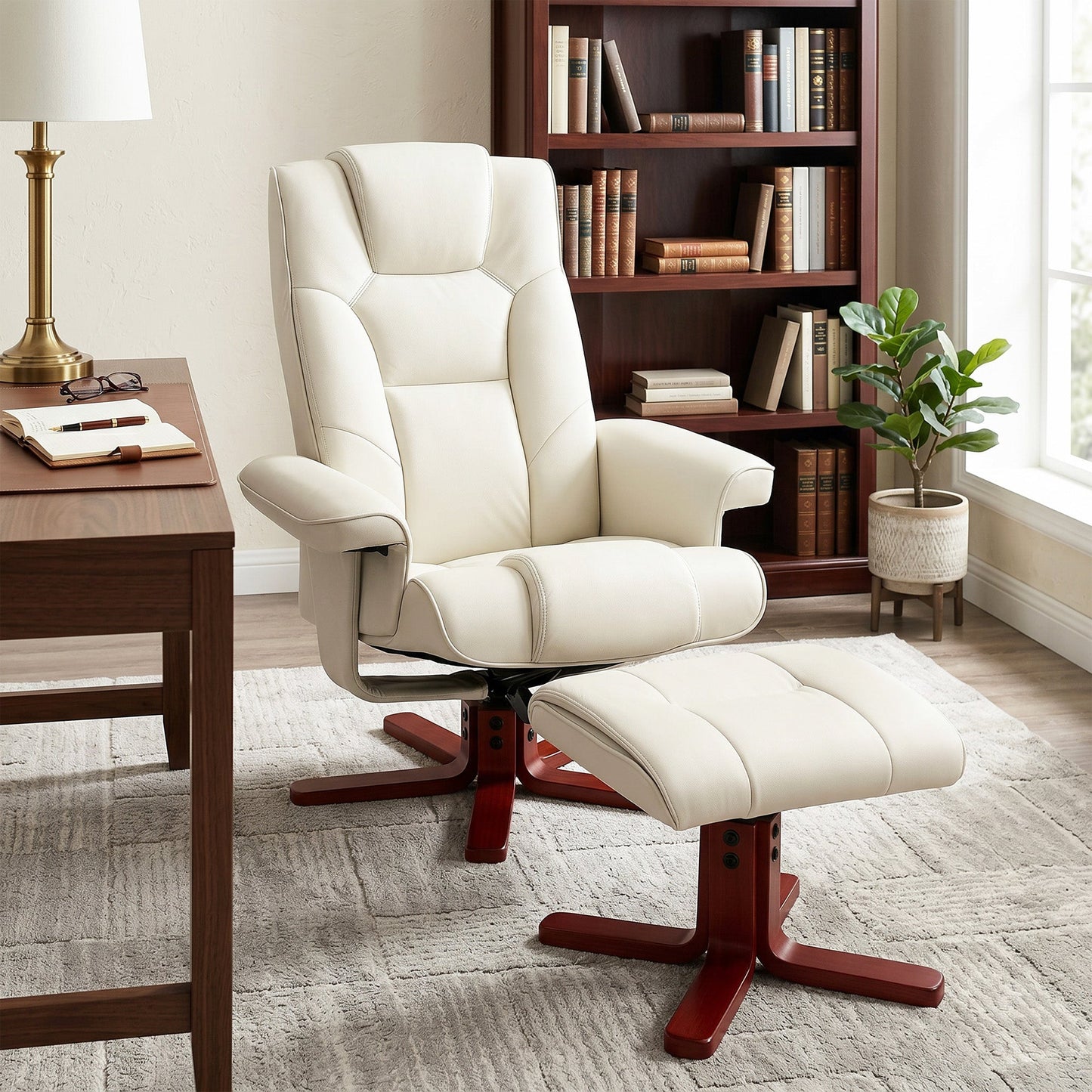 Recliner Chair with Footstool, PU Leather Rocker Recliner Armchair with High Back, Wooden Base, Reclining Chair for Living Room, Bedroom, Cream White