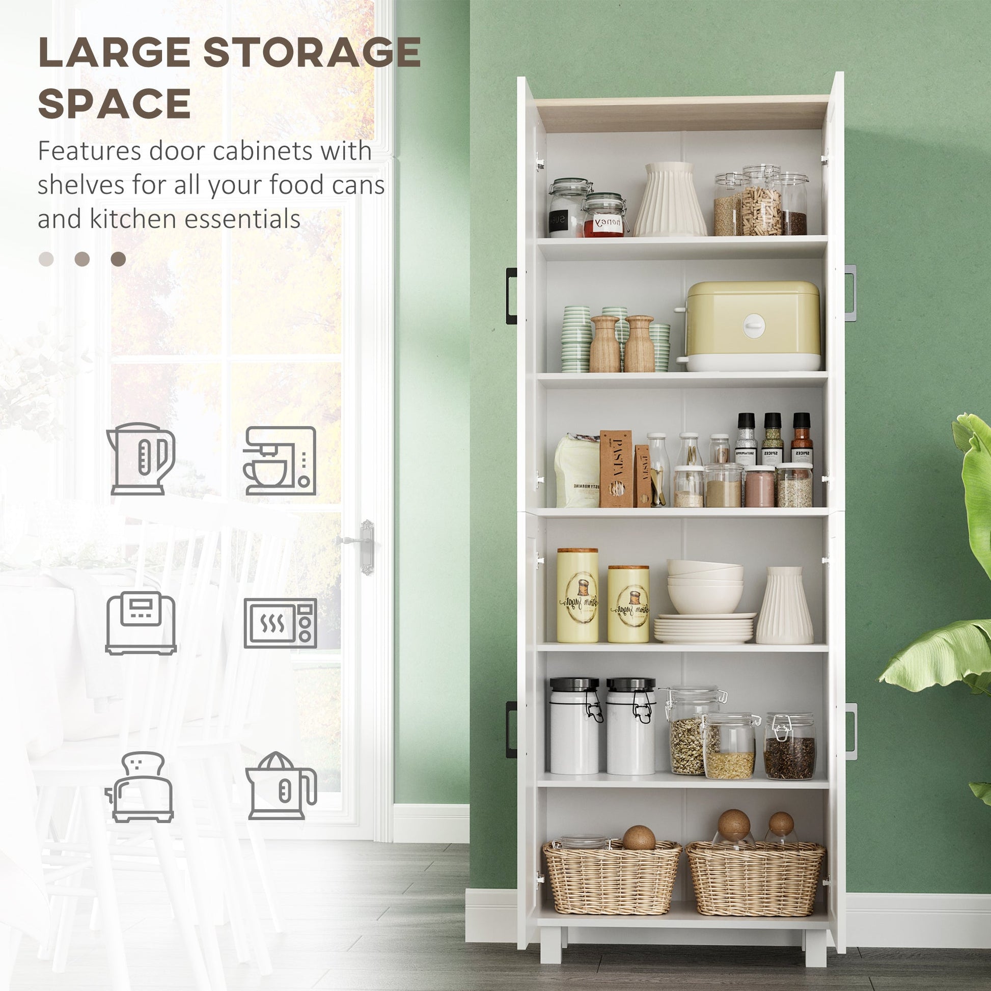Freestanding Kitchen Cupboard, 4-Door Storage Cabinet with Adjustable Shelves, Modern Kitchen Pantry for Dining Room, 170cm, White Embossed Wood Grain