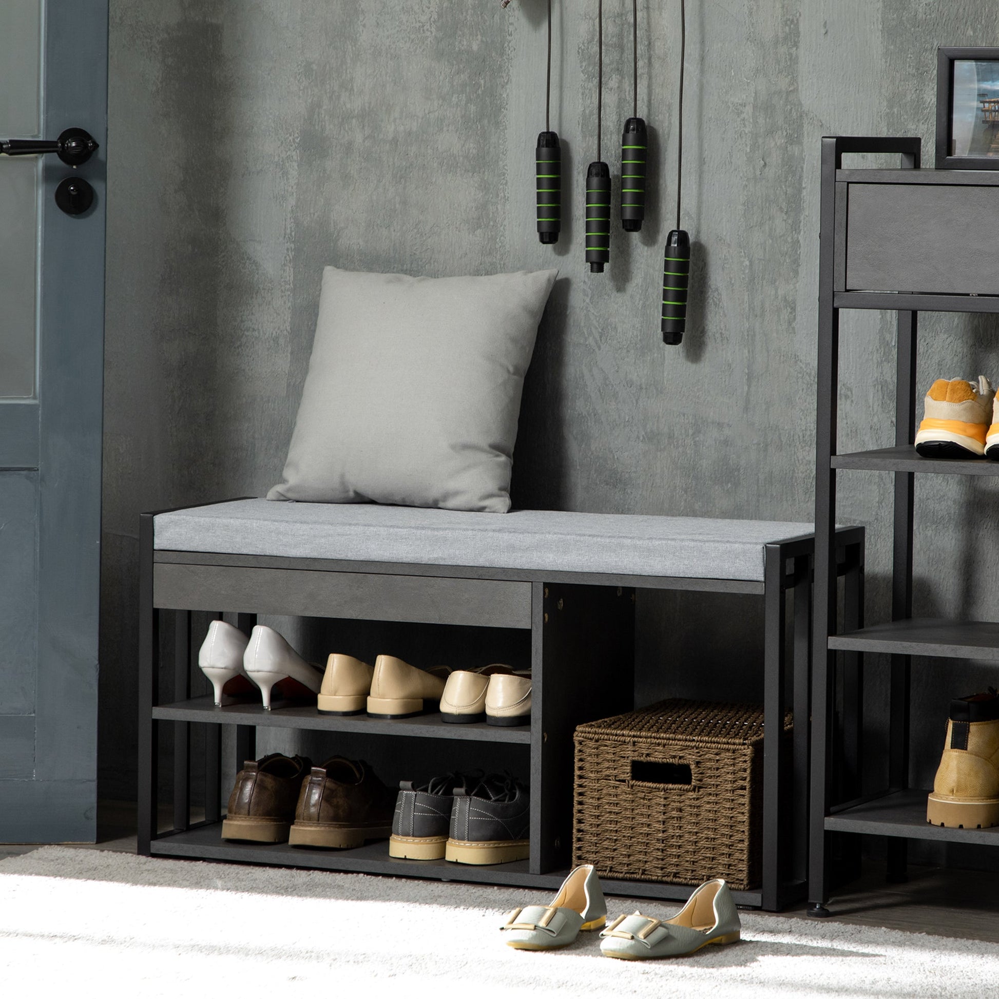 HOMCOM Shoe Bench, Modern Shoe Storage Bench with Cushion and Shelves, Shoe Rack Bench for Entryway, Hallway, Grey