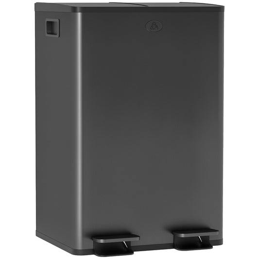 Dual Kitchen Bin, 2 x 28L Stainless Steel Double Rubbish Bin with Soft Close Lid, Removable Inner Buckets, Fingerprint-Proof for Recycling and Waste, Black