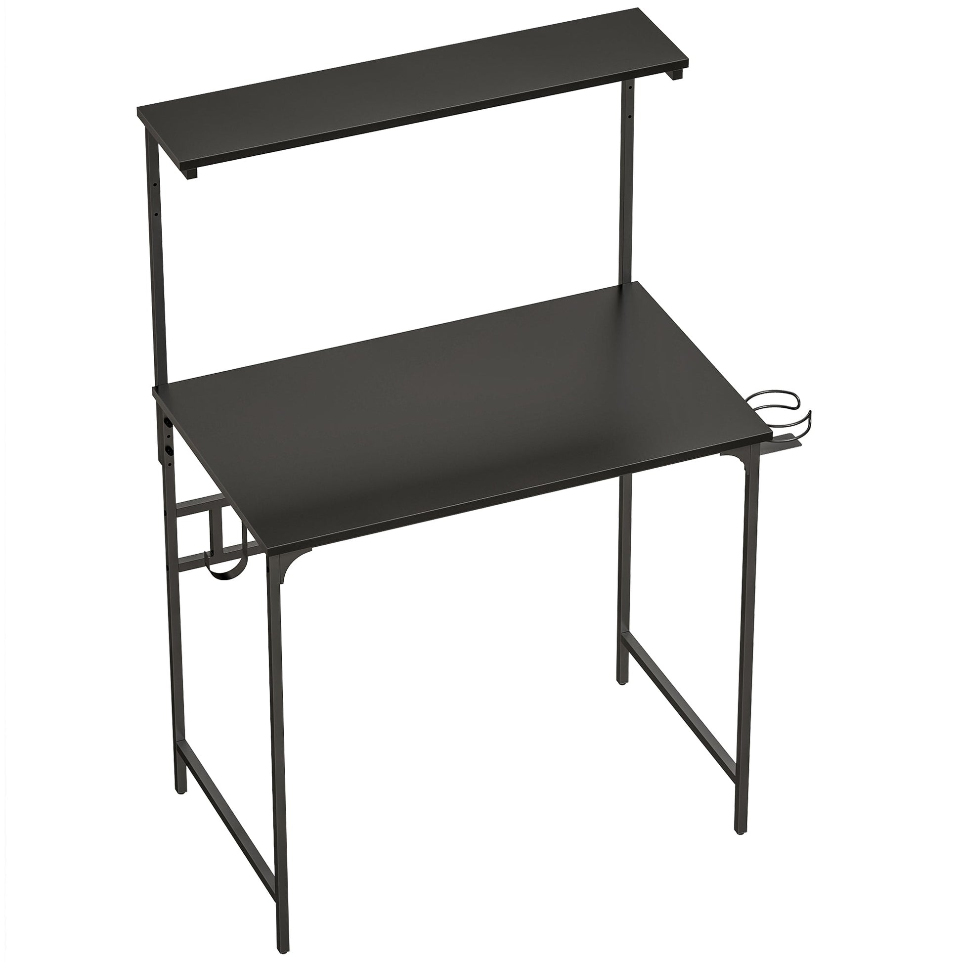 Computer Desk, 80cm Home Office Study Table with Hutch Shelf, Cup Holder, Headphone Hook, Metal Frame, Space Saving Writing Desk, Black