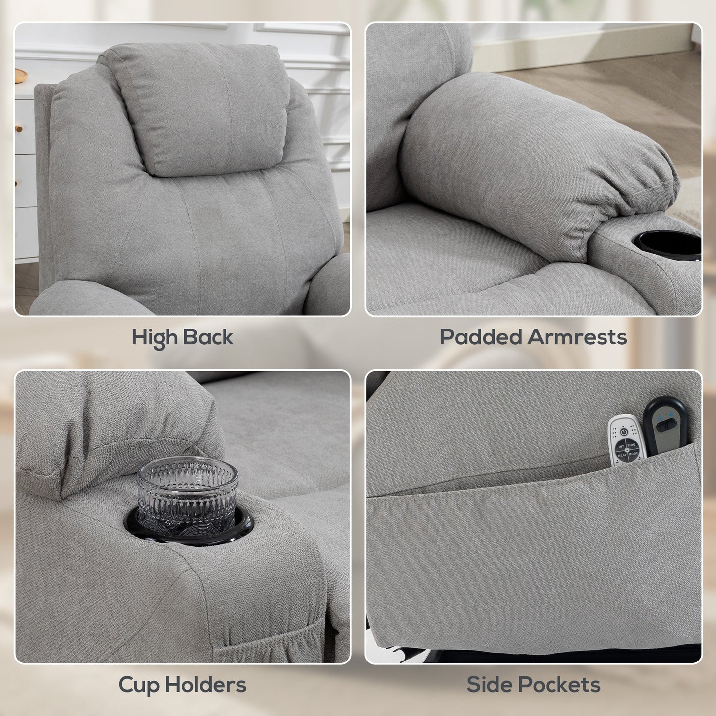 Power Lift Recliner Chair with Vibration Massage and Heat, Electric Lift Chair with Pocket Spring & Wide Backrest, Fabric Riser and Reclining Armchair with Remote, Side Pockets, Light Grey