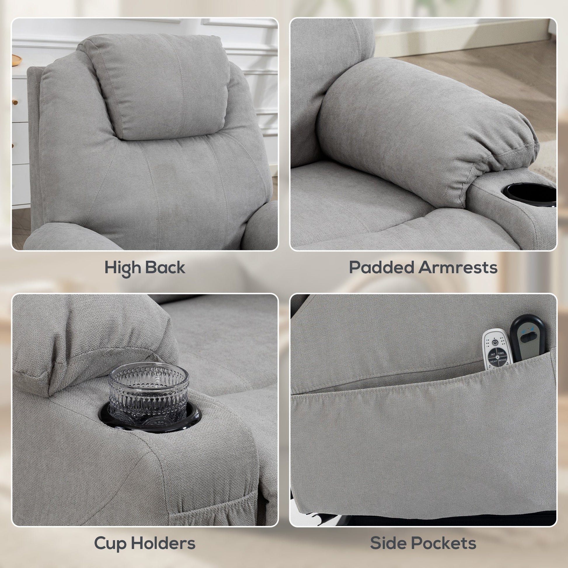 Power Lift Recliner Chair with Vibration Massage and Heat, Electric Lift Chair with Pocket Spring & Wide Backrest, Fabric Riser and Reclining Armchair with Remote, Side Pockets, Light Grey