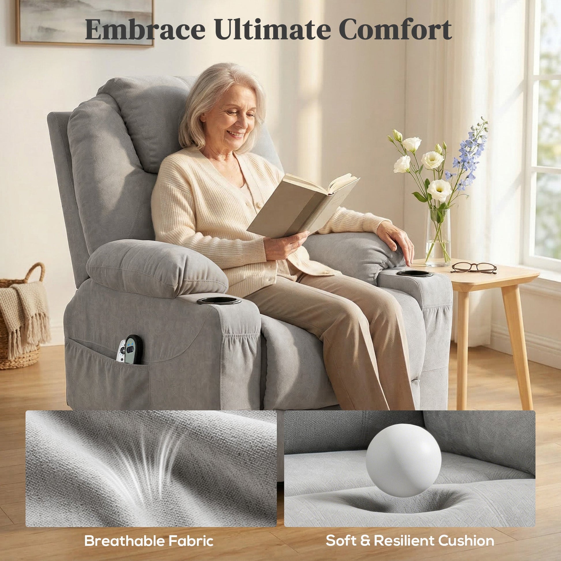 Power Lift Recliner Chair with Vibration Massage and Heat, Electric Lift Chair with Pocket Spring & Wide Backrest, Fabric Riser and Reclining Armchair with Remote, Side Pockets, Light Grey