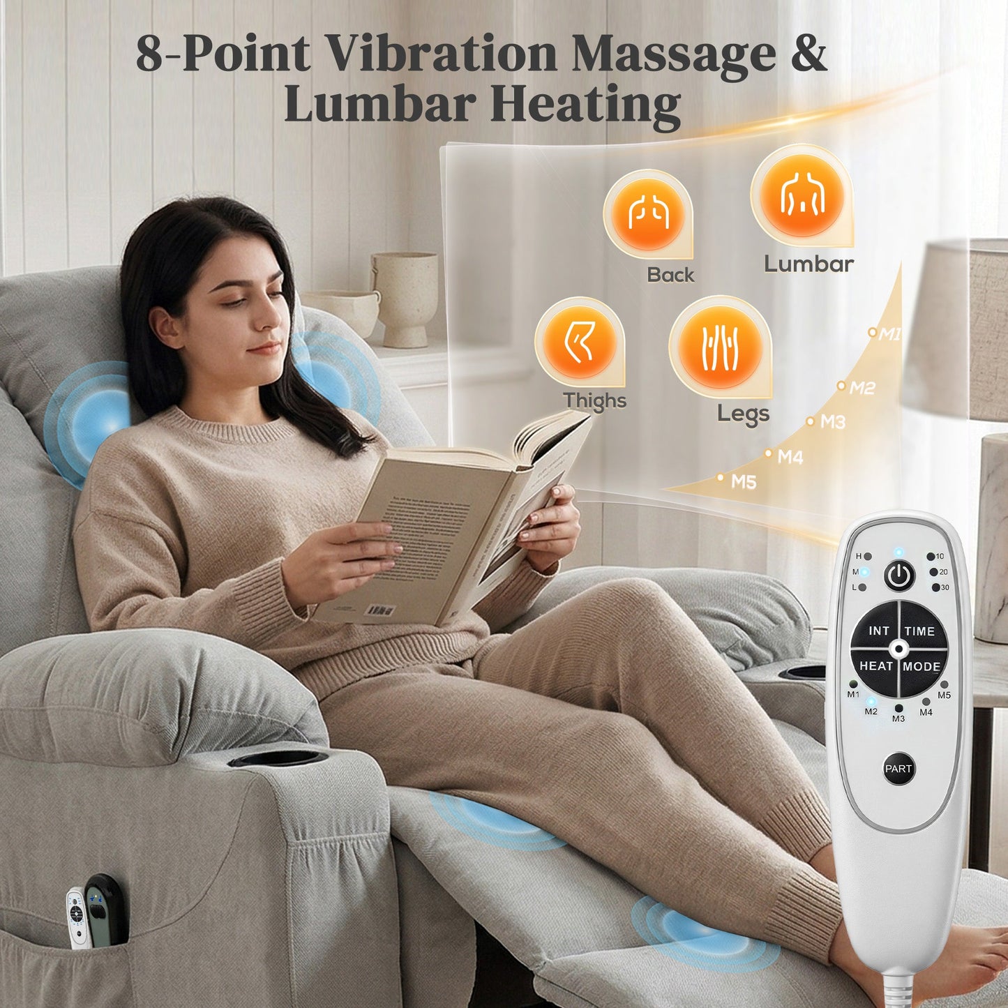 Power Lift Recliner Chair with Vibration Massage and Heat, Electric Lift Chair with Pocket Spring & Wide Backrest, Fabric Riser and Reclining Armchair with Remote, Side Pockets, Light Grey