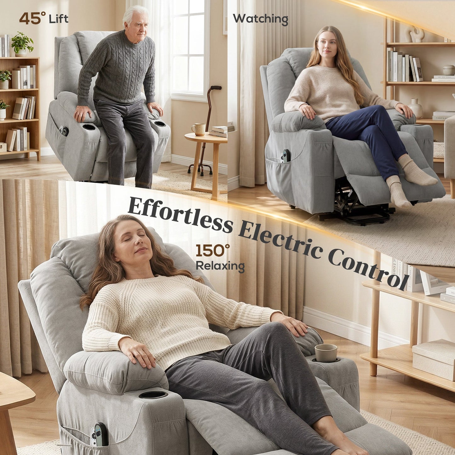 Power Lift Recliner Chair with Vibration Massage and Heat, Electric Lift Chair with Pocket Spring & Wide Backrest, Fabric Riser and Reclining Armchair with Remote, Side Pockets, Light Grey