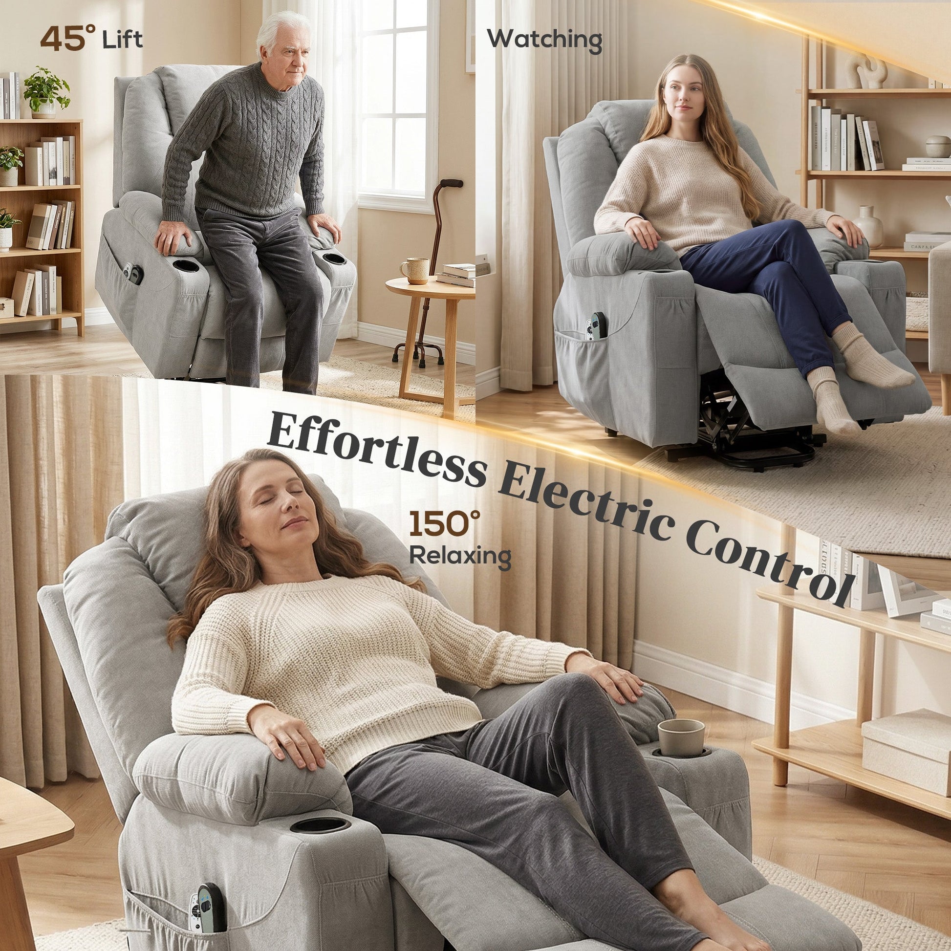 Power Lift Recliner Chair with Vibration Massage and Heat, Electric Lift Chair with Pocket Spring & Wide Backrest, Fabric Riser and Reclining Armchair with Remote, Side Pockets, Light Grey