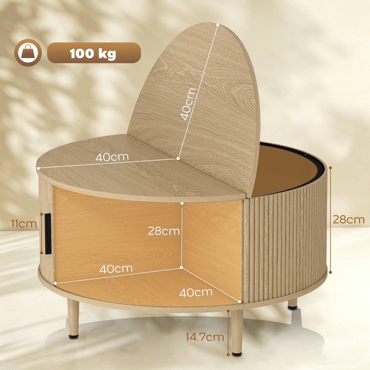 Round Coffee Table with Storage, 80 cm Modern Centre Table with Fluted Sliding Cabinet Door and Lift Top, Wood Circle Drum Table for Living Room, Natural Wood