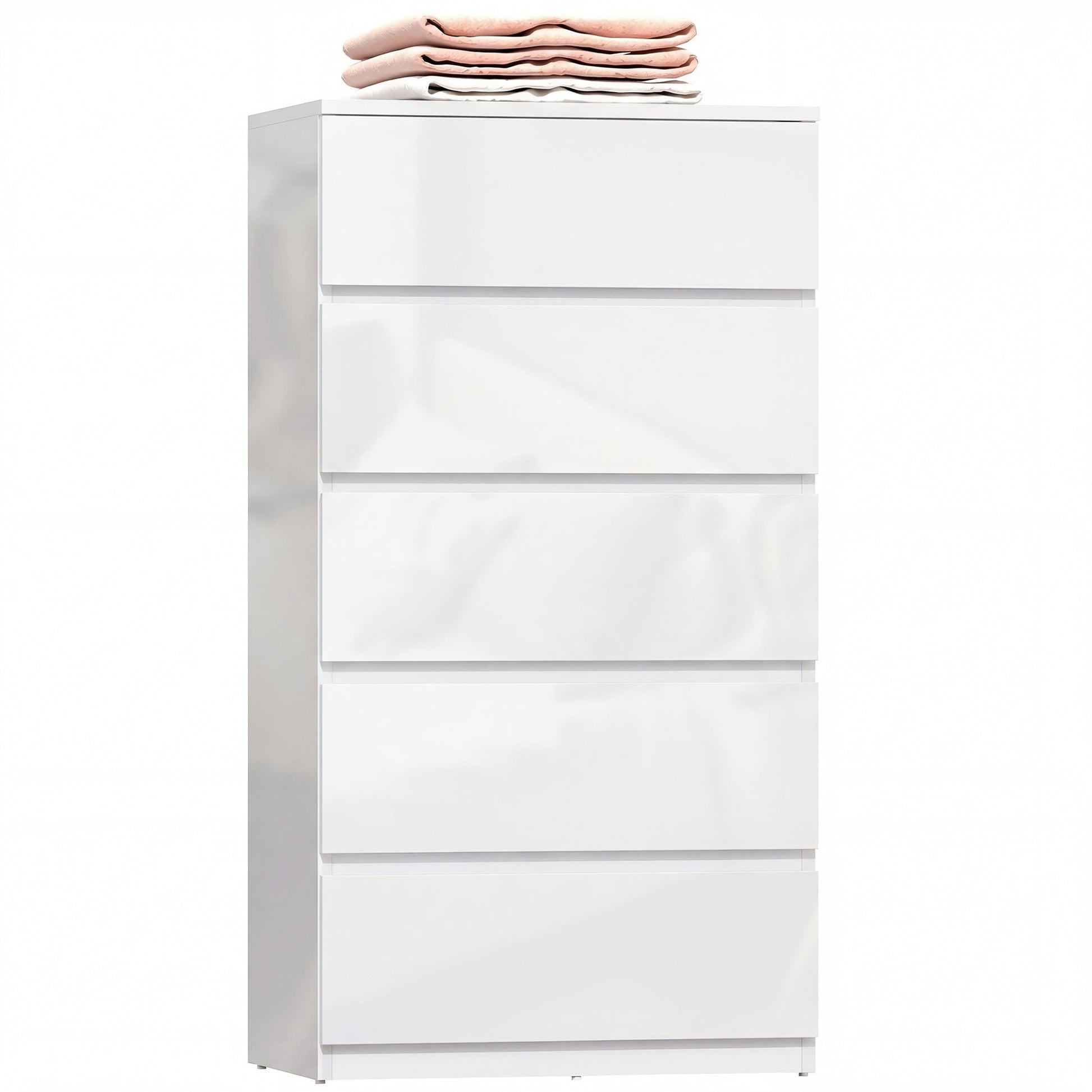 Chest of Drawers, 5 Drawers Storage Cabinet Floor Tower Cupboard for Bedroom Living Room, High Gloss White