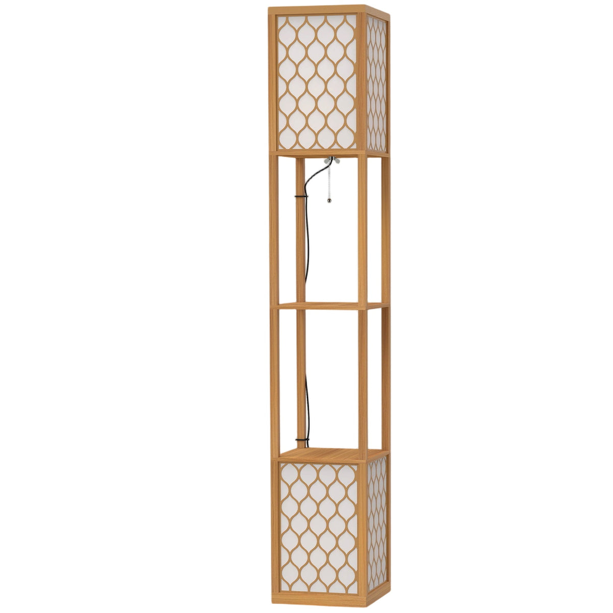 Floor Lamp with Shelves, Modern Tall Standing Lamp with Fabric Lampshades, Zipper Switch and Dual Light for Living Room and Bedroom, Bulbs Not Included, Natural Wood Finish