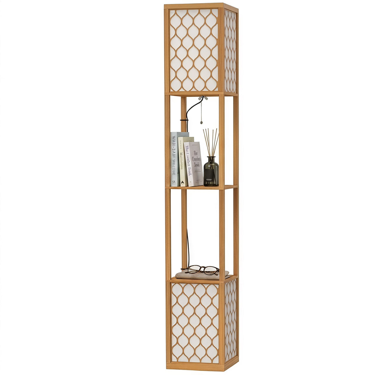 Floor Lamp with Shelves, Modern Tall Standing Lamp with Fabric Lampshades, Zipper Switch and Dual Light for Living Room and Bedroom, Bulbs Not Included, Natural Wood Finish