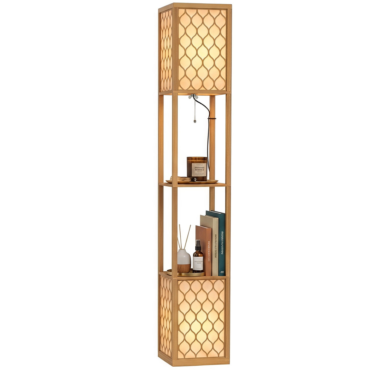 Floor Lamp with Shelves, Modern Tall Standing Lamp with Fabric Lampshades, Zipper Switch and Dual Light for Living Room and Bedroom, Bulbs Not Included, Natural Wood Finish