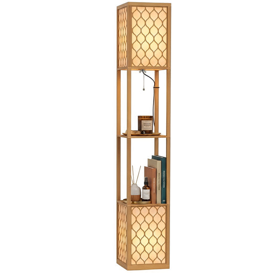Floor Lamp with Shelves, Modern Tall Standing Lamp with Fabric Lampshades, Zipper Switch and Dual Light for Living Room and Bedroom, Bulbs Not Included, Natural Wood Finish