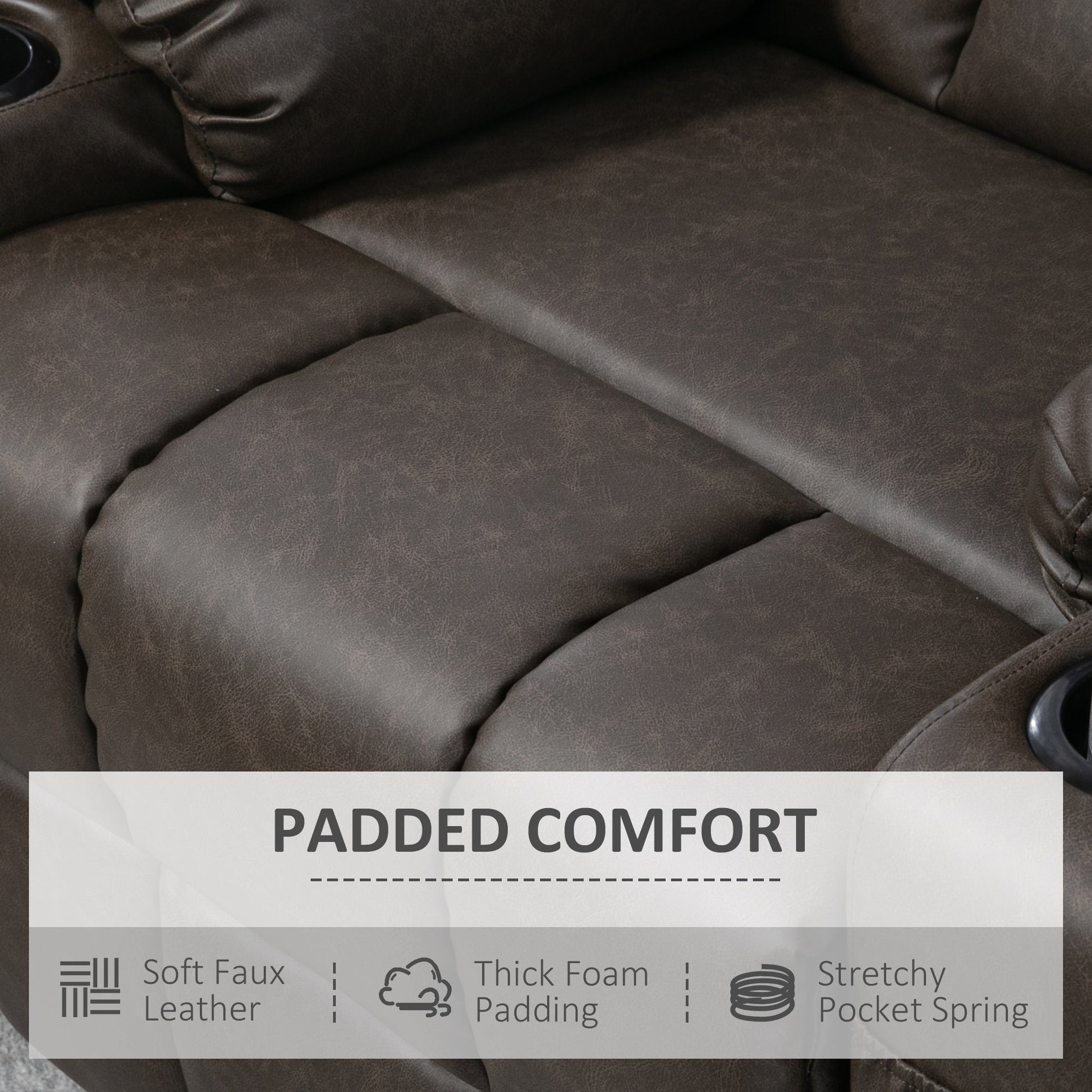 HOMCOM Recliner Armchair, Swivel PU Leather Manual Reclining Chair with Adjustable Leg Rest, Drink Holders, Side Pockets, Rocker Chair for Home Living Room, Dark Brown