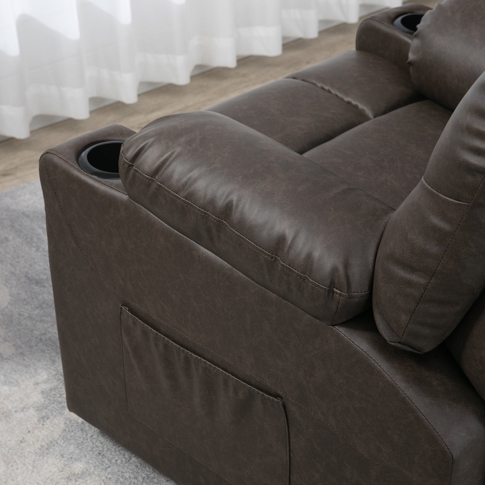 HOMCOM Recliner Armchair, Swivel PU Leather Manual Reclining Chair with Adjustable Leg Rest, Drink Holders, Side Pockets, Rocker Chair for Home Living Room, Dark Brown