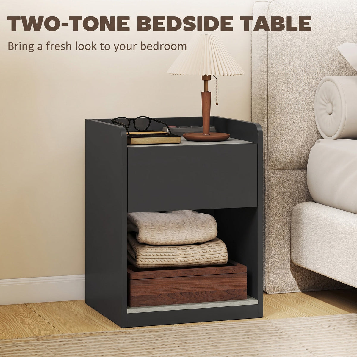 Modern Bedside Table, Slim Nightstand with Drawer, Shelf and Cable Holes, Bedside Cabinet for Bedroom, Living Room, Black and Grey Wood Effect