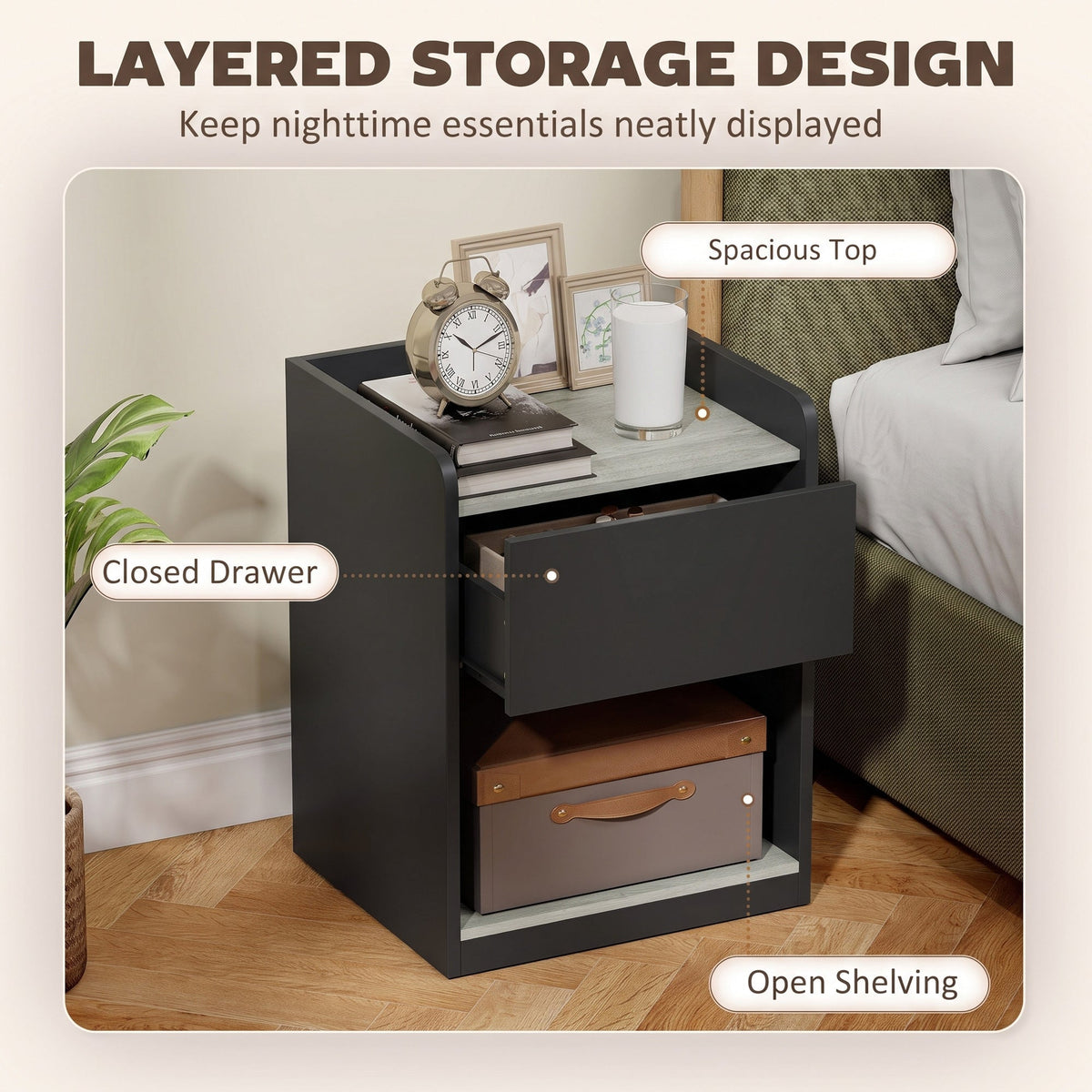 Modern Bedside Table, Slim Nightstand with Drawer, Shelf and Cable Holes, Bedside Cabinet for Bedroom, Living Room, Black and Grey Wood Effect