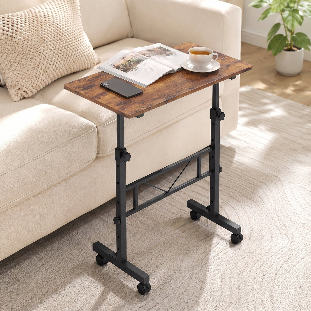 Overbed Table With Wheels and Brakes, Adjustable Height Laptop Desk, Portable Hospital Bed Table with Steel Frame for Living Room, Bedroom and Study, Rustic Brown and Black