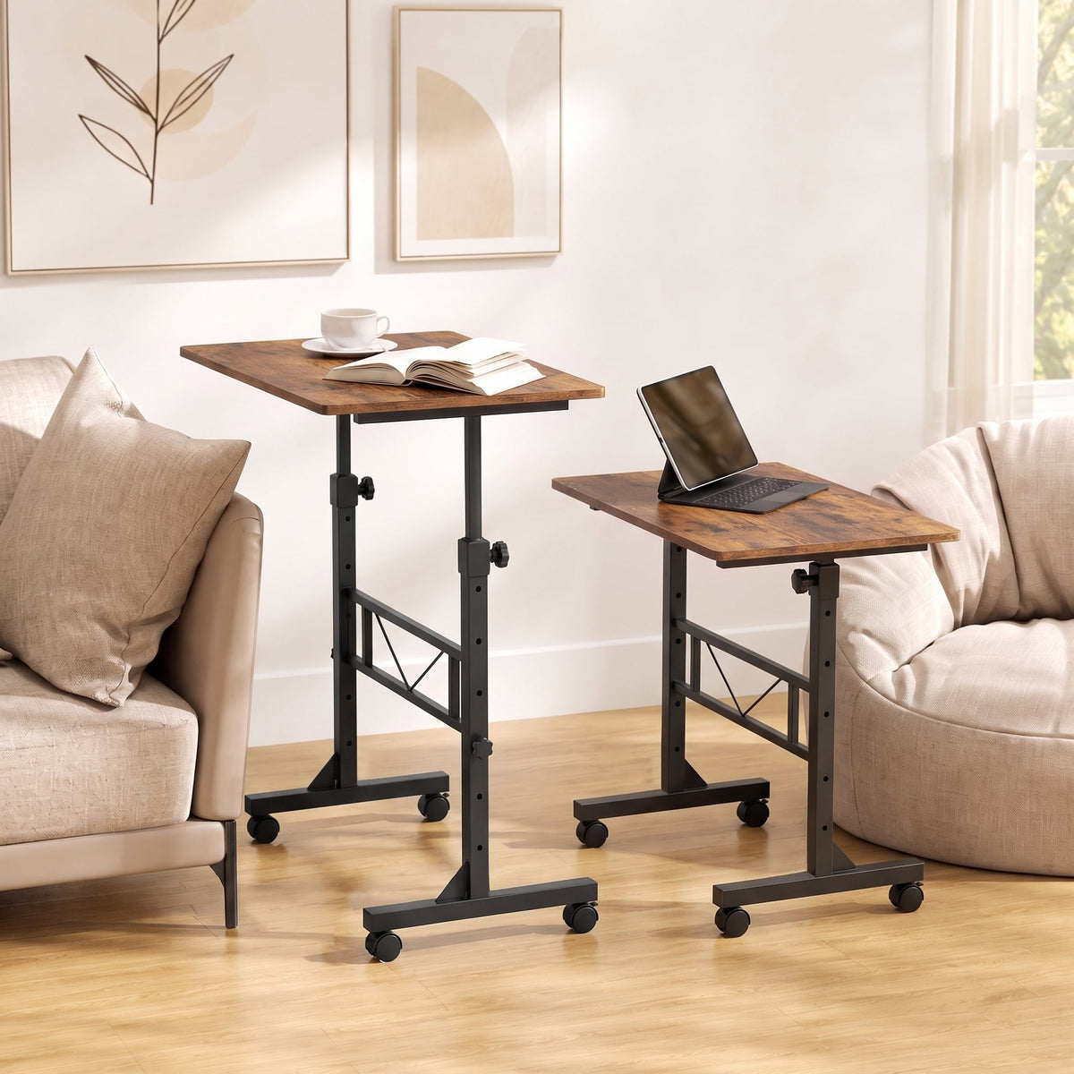 Overbed Table With Wheels and Brakes, Adjustable Height Laptop Desk, Portable Hospital Bed Table with Steel Frame for Living Room, Bedroom and Study, Rustic Brown and Black