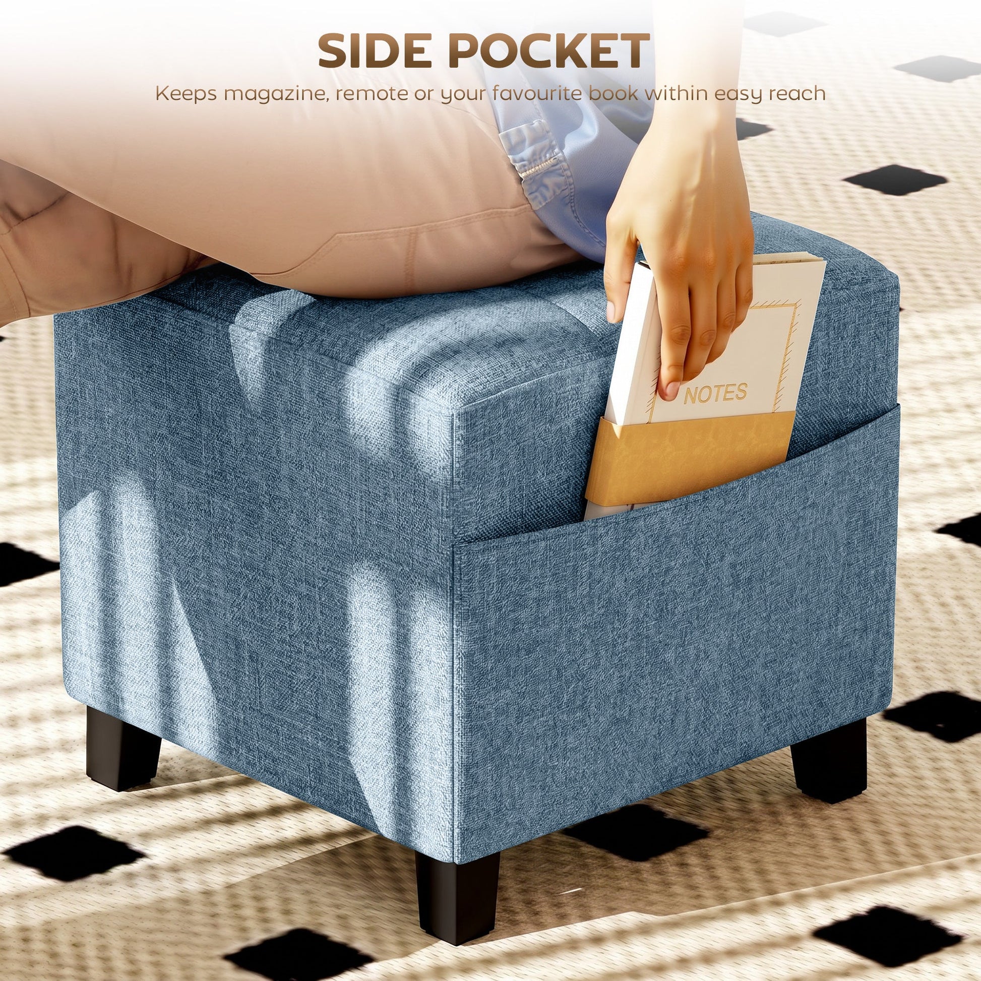 Square Footstool, Small Ottoman with Side Pocket, Linen-look Fabric Footrest Foot Stool with Rubber Wood Legs and Padded Seat for Living Room, Bedroom, Entryway, 35 x 35 x 35cm, Dark Blue