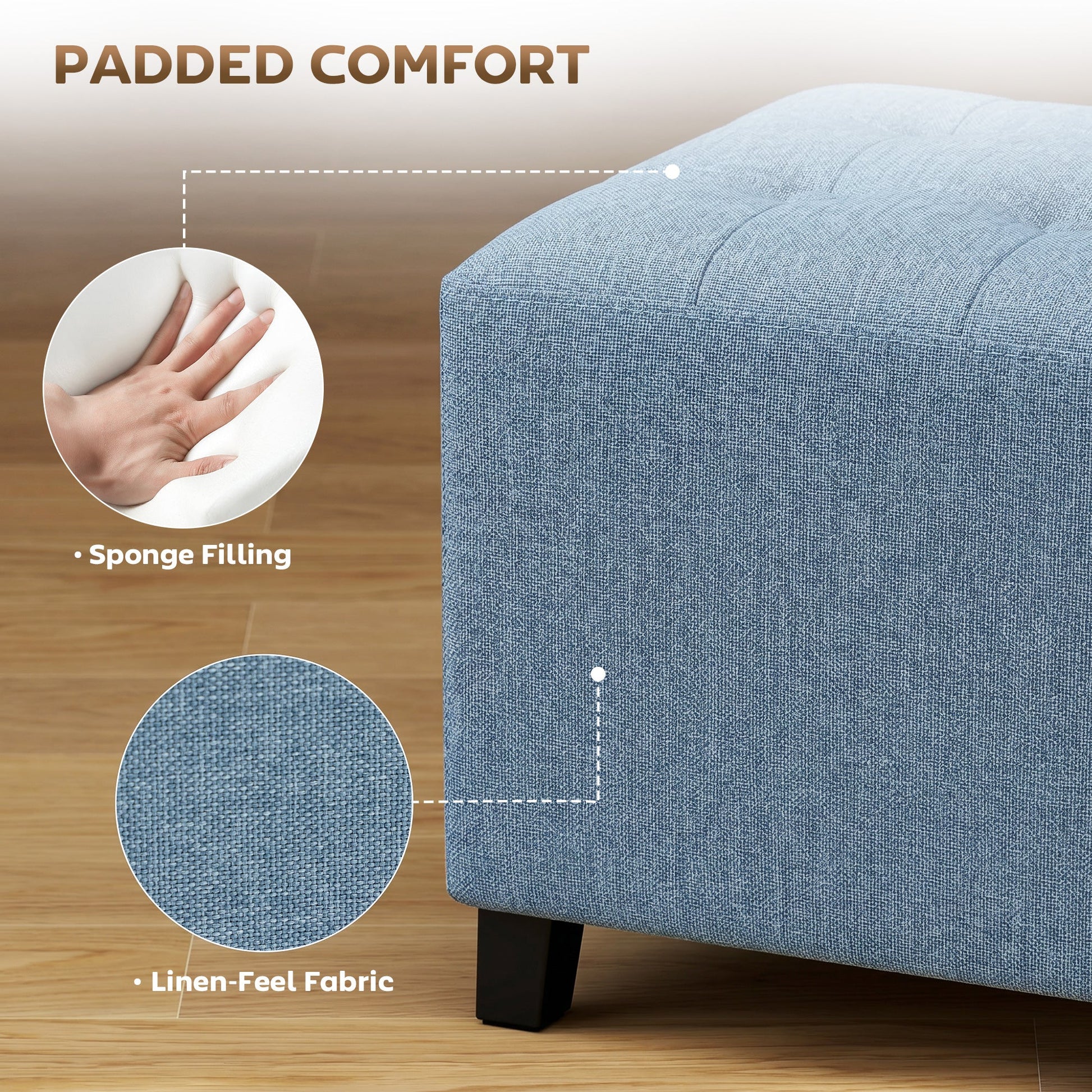 Square Footstool, Small Ottoman with Side Pocket, Linen-look Fabric Footrest Foot Stool with Rubber Wood Legs and Padded Seat for Living Room, Bedroom, Entryway, 35 x 35 x 35cm, Dark Blue