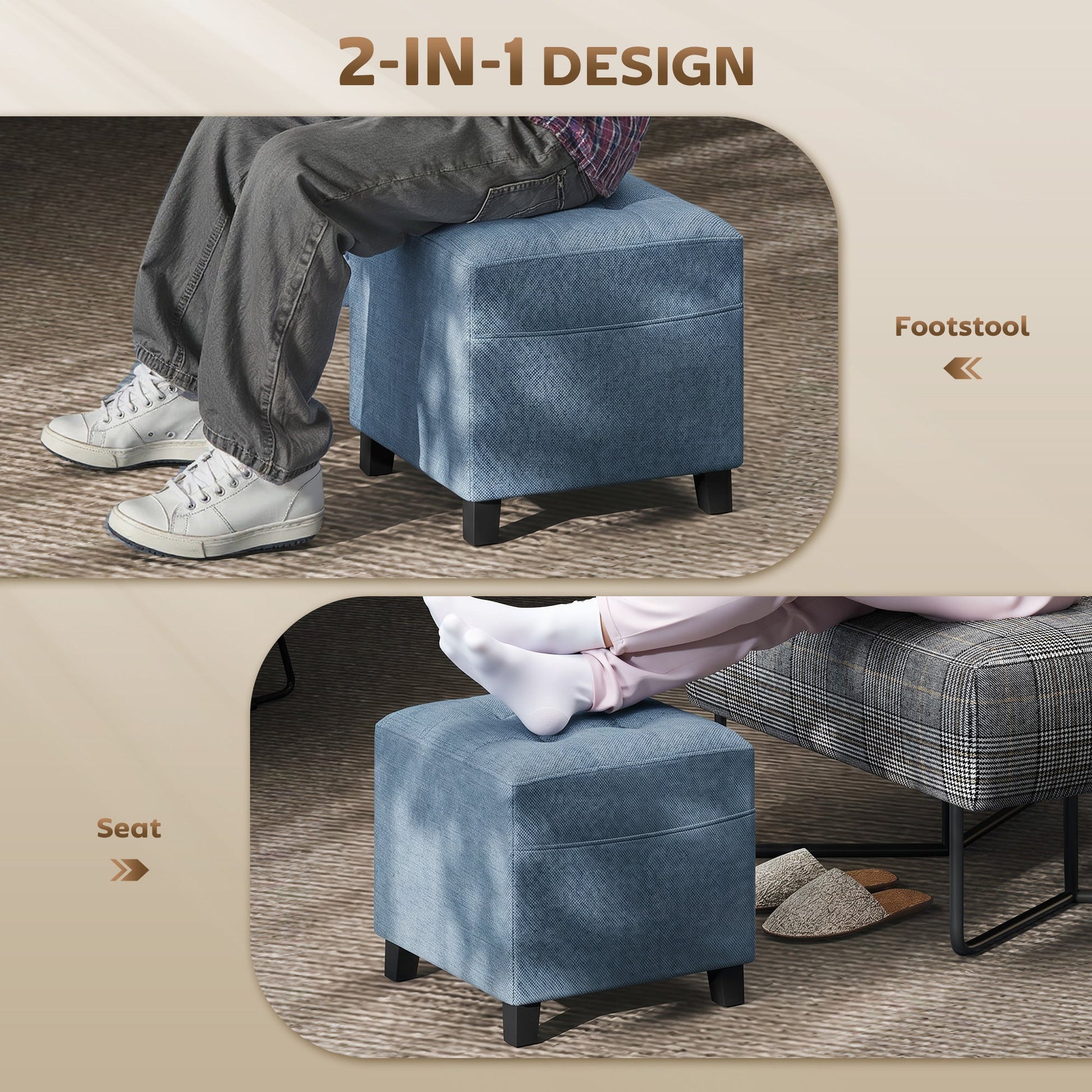 Square Footstool, Small Ottoman with Side Pocket, Linen-look Fabric Footrest Foot Stool with Rubber Wood Legs and Padded Seat for Living Room, Bedroom, Entryway, 35 x 35 x 35cm, Dark Blue