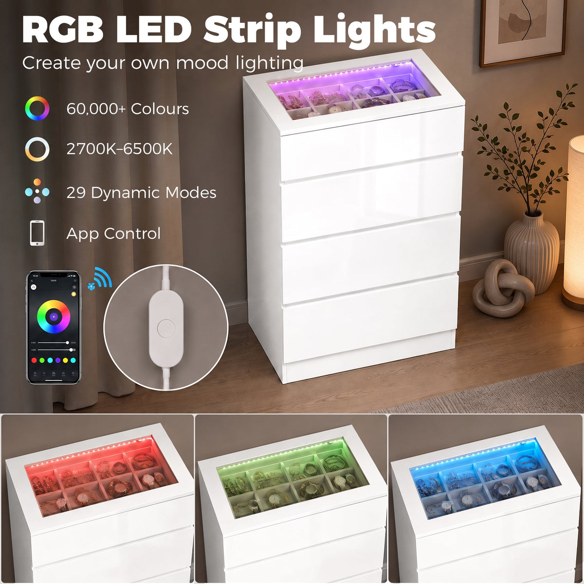 High Gloss 4 Drawer Chest of Drawers with Tempered Glass Top and RGB LED Lights, Modern Dresser with Jewelry Organizer, APP Control, Storage Cabinet for Bedroom Living Room, 60 x 40 x 90 cm, White