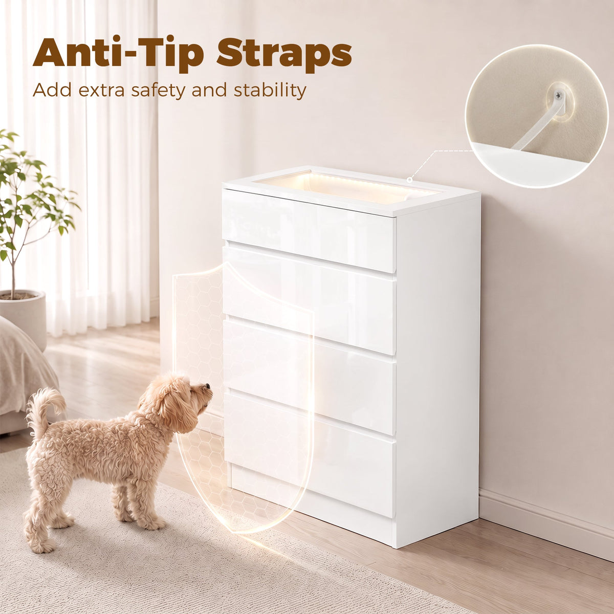 High Gloss 4 Drawer Chest of Drawers with Tempered Glass Top and RGB LED Lights, Modern Dresser with Jewelry Organizer, APP Control, Storage Cabinet for Bedroom Living Room, 60 x 40 x 90 cm, White