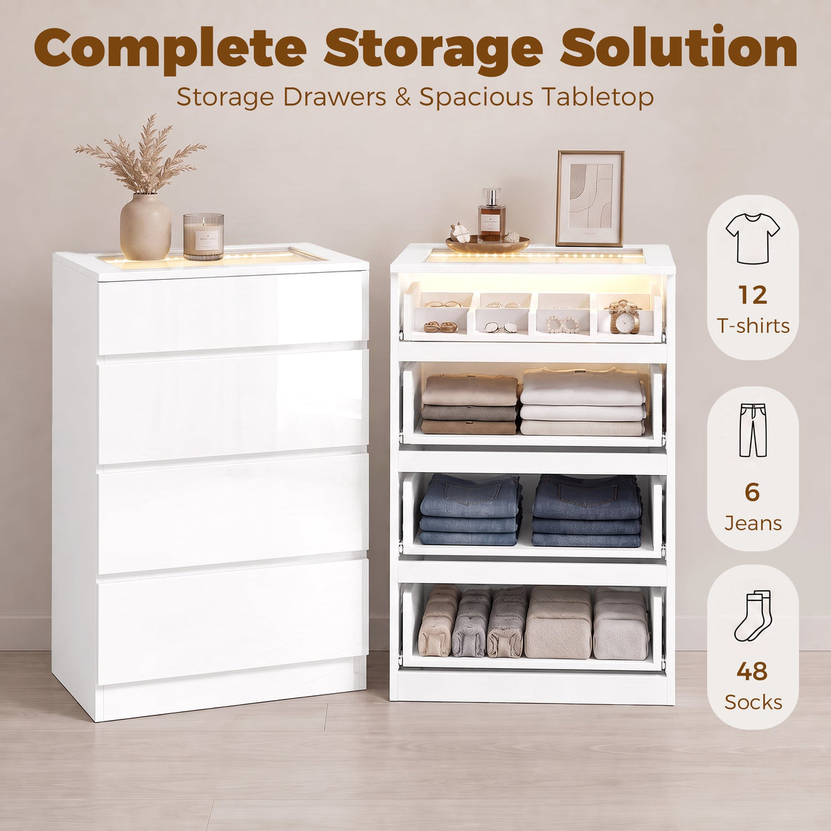 High Gloss 4 Drawer Chest of Drawers with Tempered Glass Top and RGB LED Lights, Modern Dresser with Jewelry Organizer, APP Control, Storage Cabinet for Bedroom Living Room, 60 x 40 x 90 cm, White