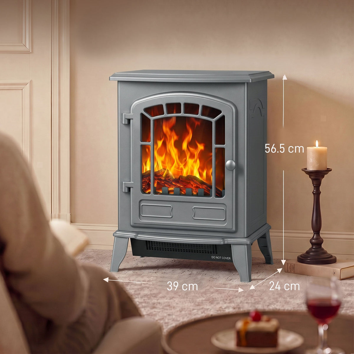 Electric Fireplace Stove Freestanding Log Burner, 1000W/2000W, Portable Electric Fire Fan Heater with LED Flame Effect, Adjustable Thermostat, Overheat Protection, Grey