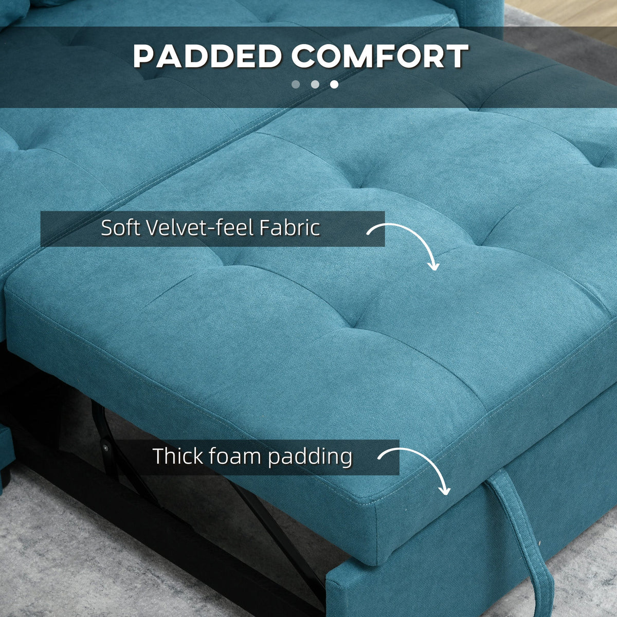 HOMCOM 2 Seater Sofa Bed, Convertible Bed Settee, Modern Fabric Loveseat Sofa Couch with 2 Cushions, Side Pockets for Living Room, Guest Room, Blue