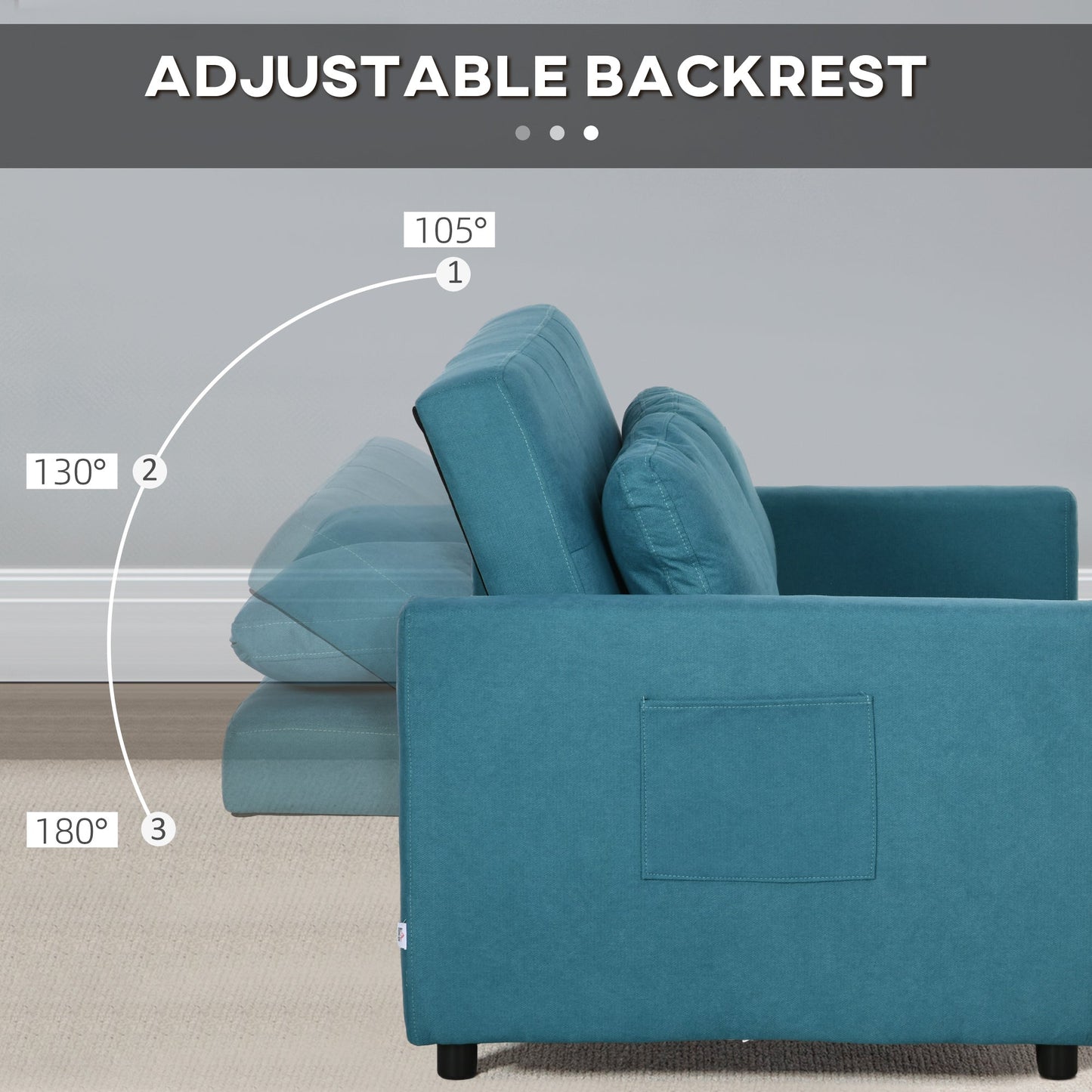 HOMCOM 2 Seater Sofa Bed, Convertible Bed Settee, Modern Fabric Loveseat Sofa Couch with 2 Cushions, Side Pockets for Living Room, Guest Room, Blue