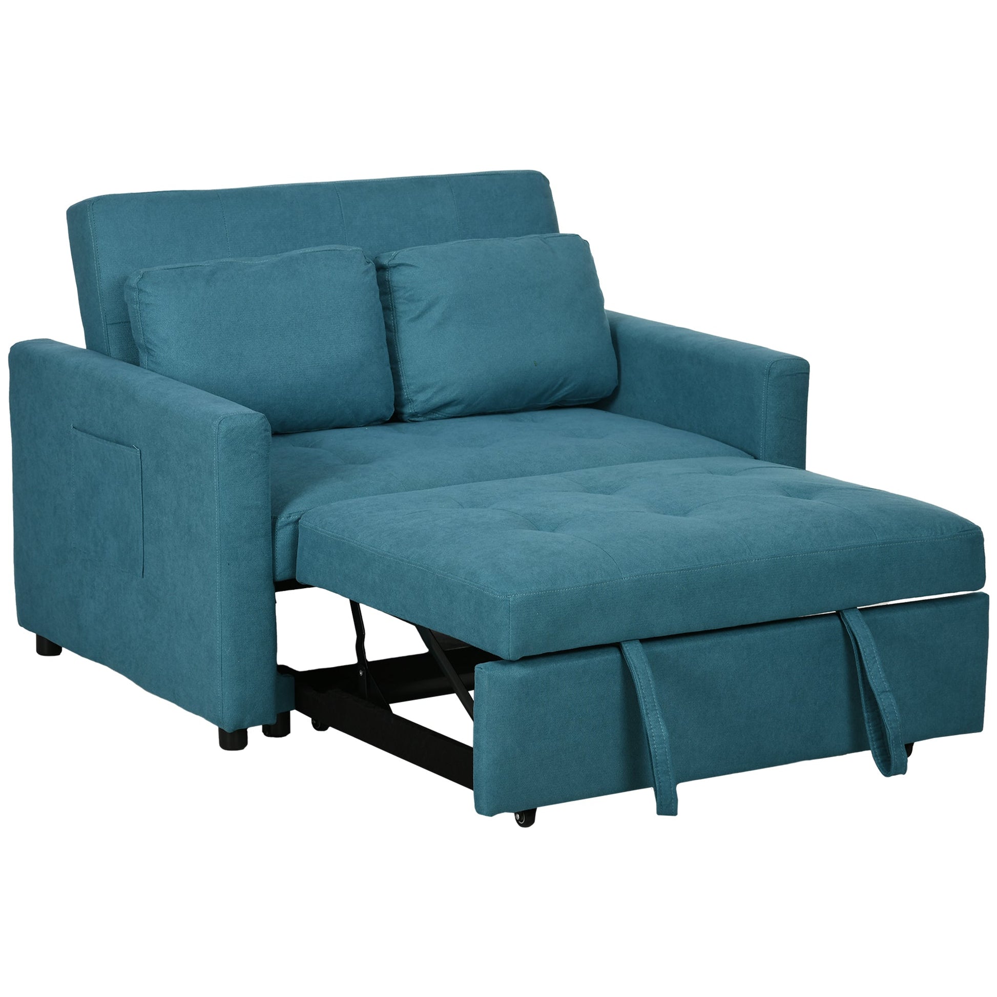 HOMCOM 2 Seater Sofa Bed, Convertible Bed Settee, Modern Fabric Loveseat Sofa Couch with 2 Cushions, Side Pockets for Living Room, Guest Room, Blue