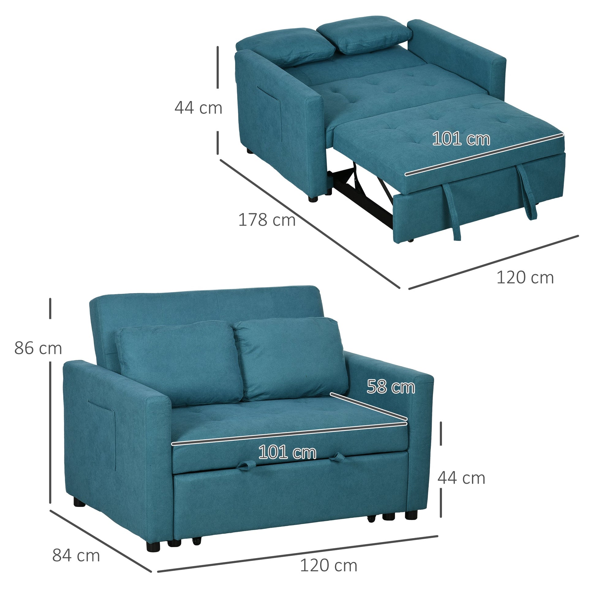 HOMCOM 2 Seater Sofa Bed, Convertible Bed Settee, Modern Fabric Loveseat Sofa Couch with 2 Cushions, Side Pockets for Living Room, Guest Room, Blue