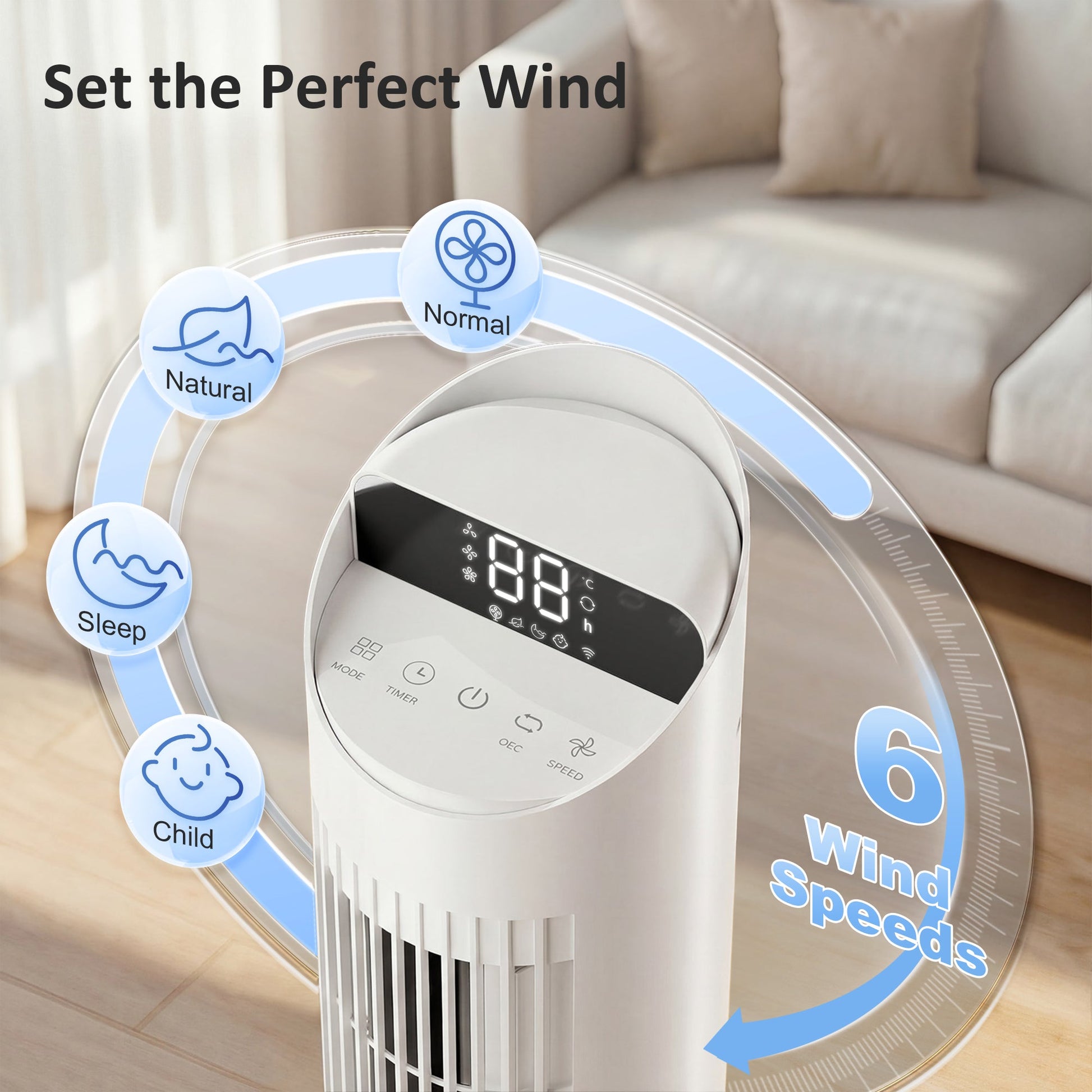 101.8 cm Tower Fan for Cooling, Standing Floor Cooling Fan with WiFi App, 6 Speeds and 4 Modes, 65° Oscillating, 12H Timer and Remote Control for Bedroom, Office, White