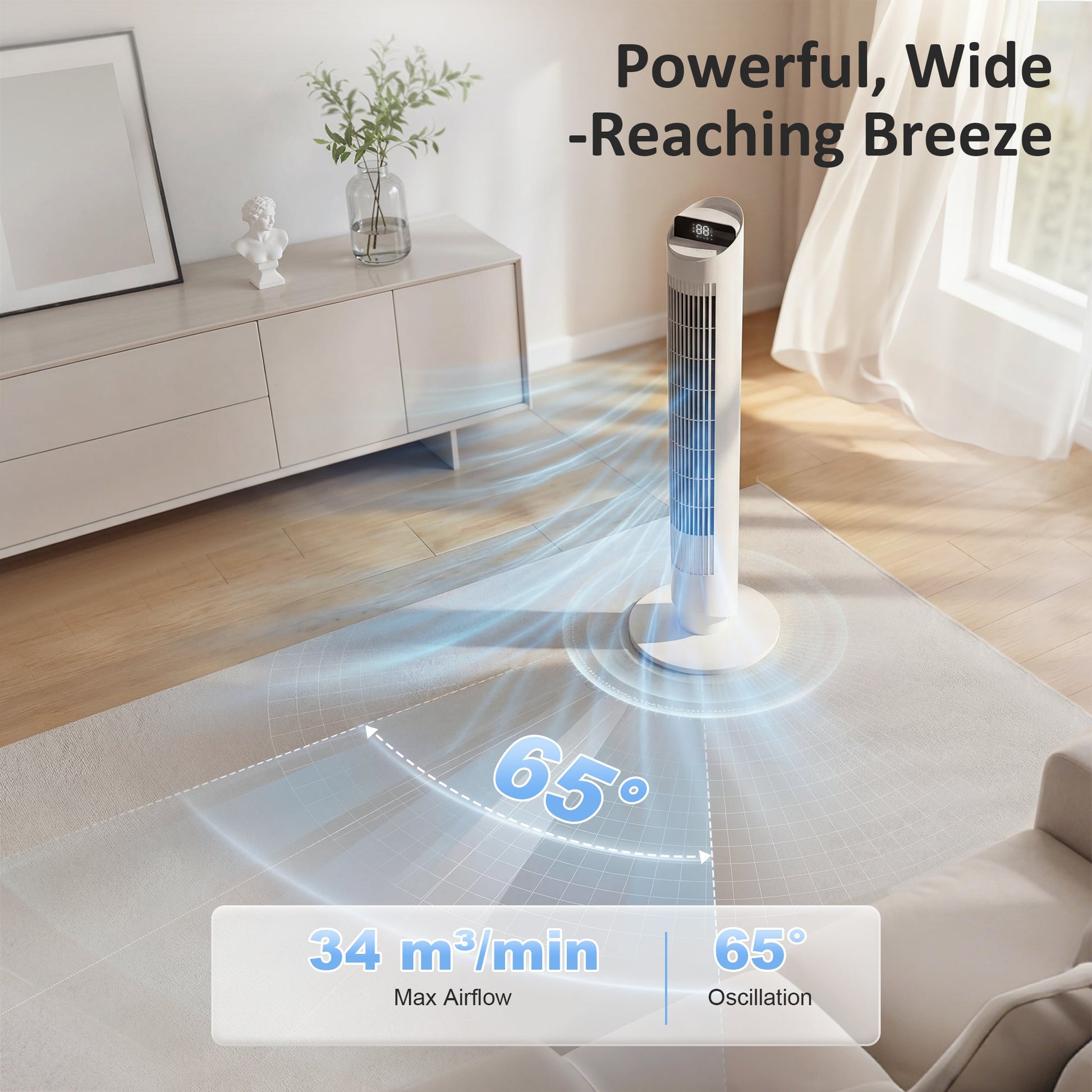 101.8 cm Tower Fan for Cooling, Standing Floor Cooling Fan with WiFi App, 6 Speeds and 4 Modes, 65° Oscillating, 12H Timer and Remote Control for Bedroom, Office, White