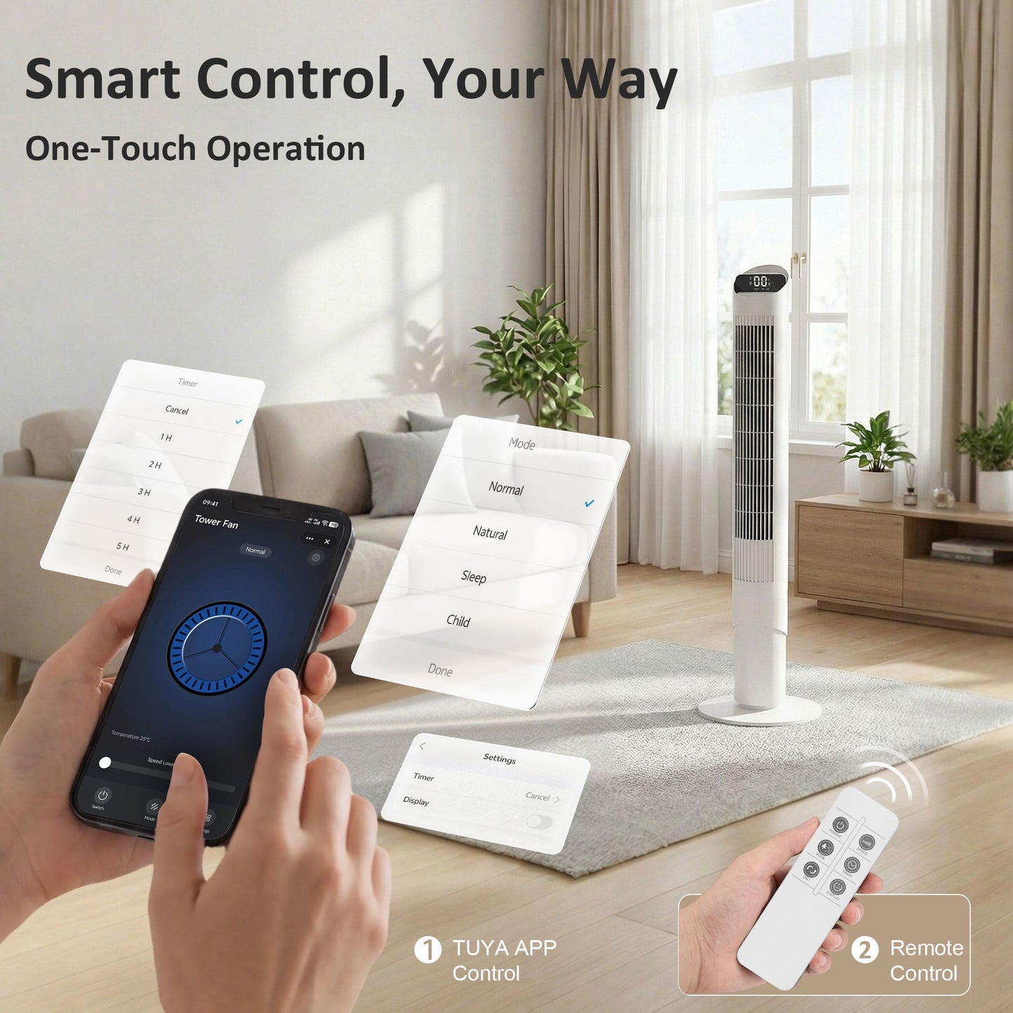 101.8 cm Tower Fan for Cooling, Standing Floor Cooling Fan with WiFi App, 6 Speeds and 4 Modes, 65° Oscillating, 12H Timer and Remote Control for Bedroom, Office, White