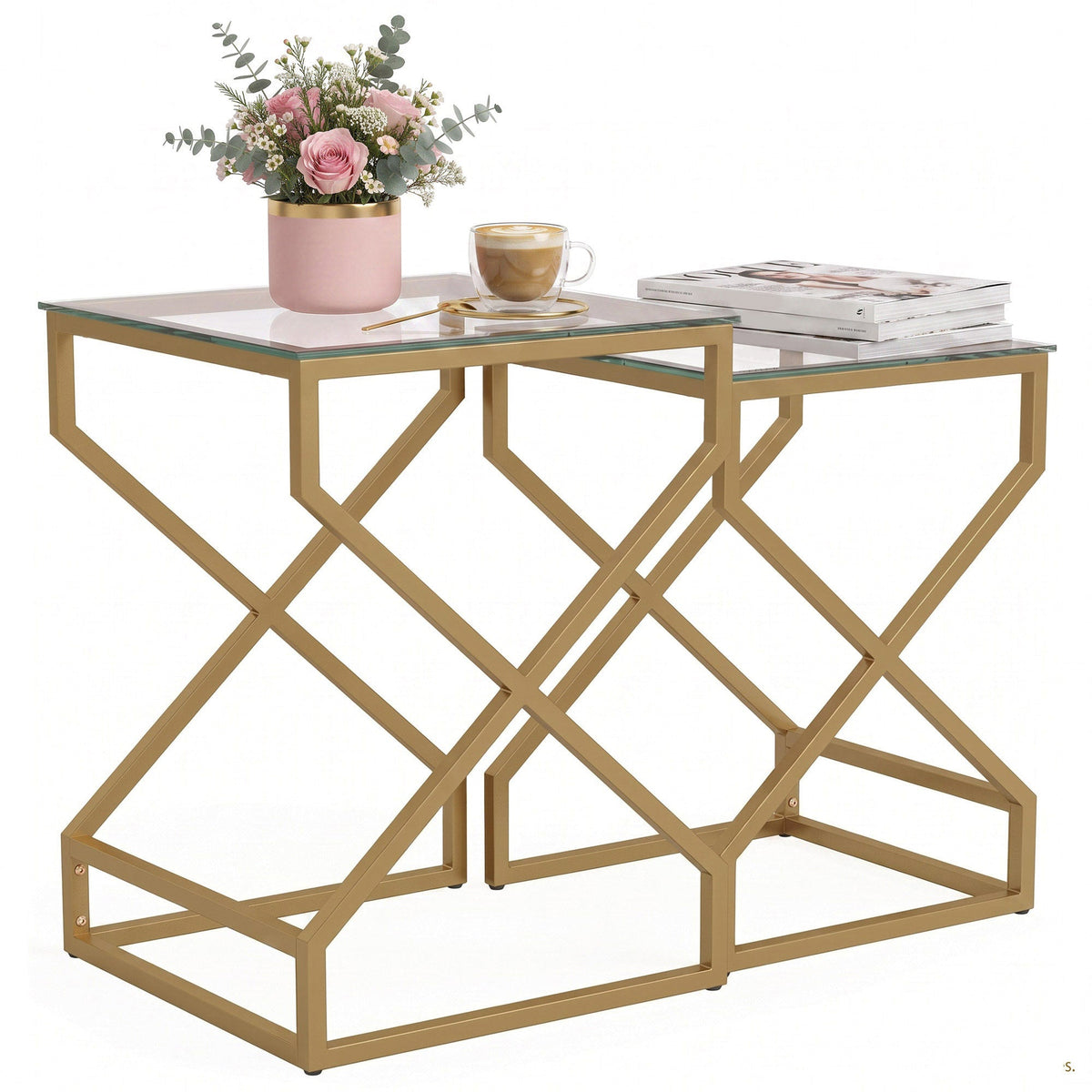 Nest of Tables, Side Table Set of 2 with Transparent Top, Coffee Table Set with Foot Pads, Steel Frame and Tempered Glass Top for Living Room Bedroom Office, Transparent