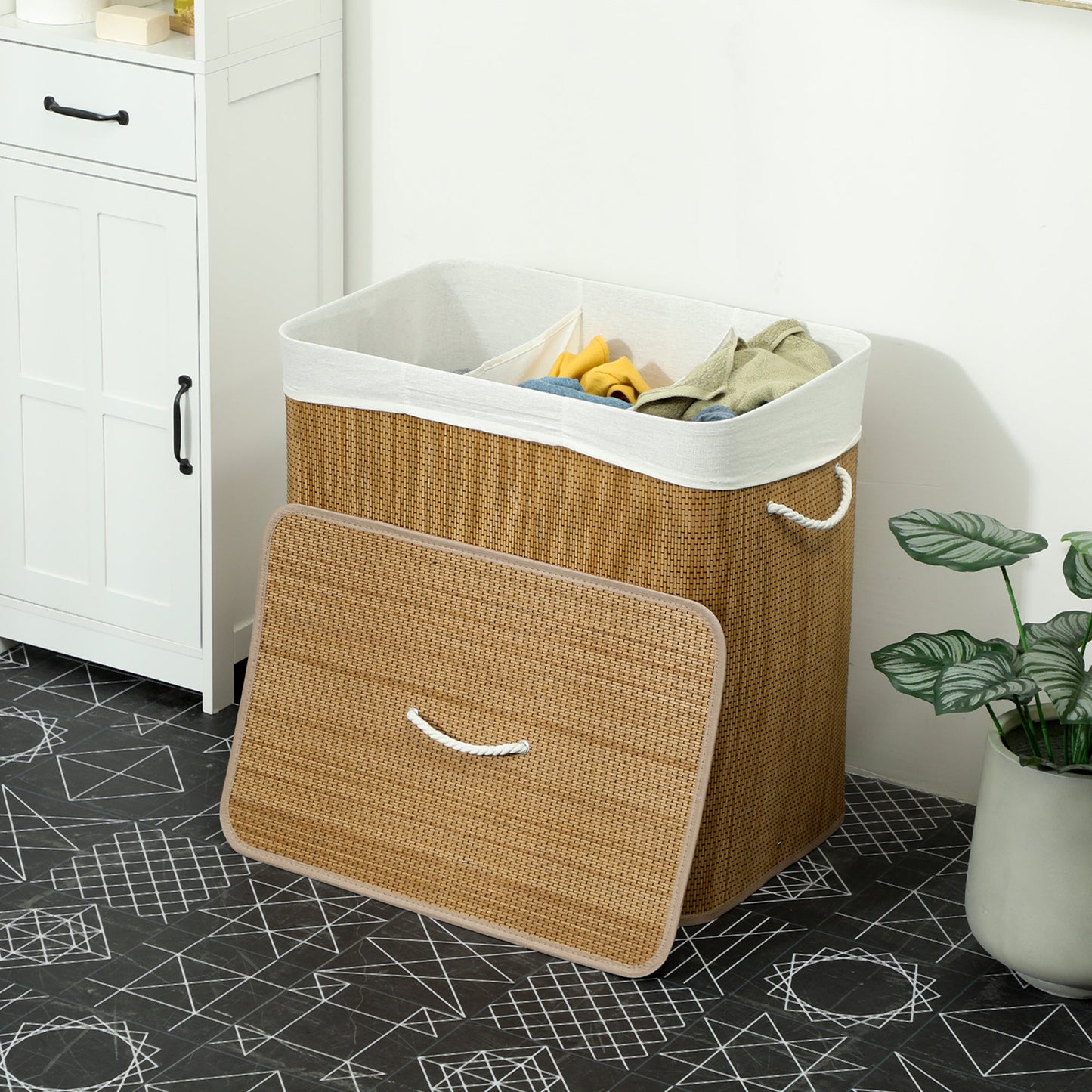 144L Laundry Basket with Lid, 3 Section Bamboo Laundry Hamper with Removable and Washable Liner, Handles, Dirty Clothes Hamper for Bathroom, Bedroom, Brown