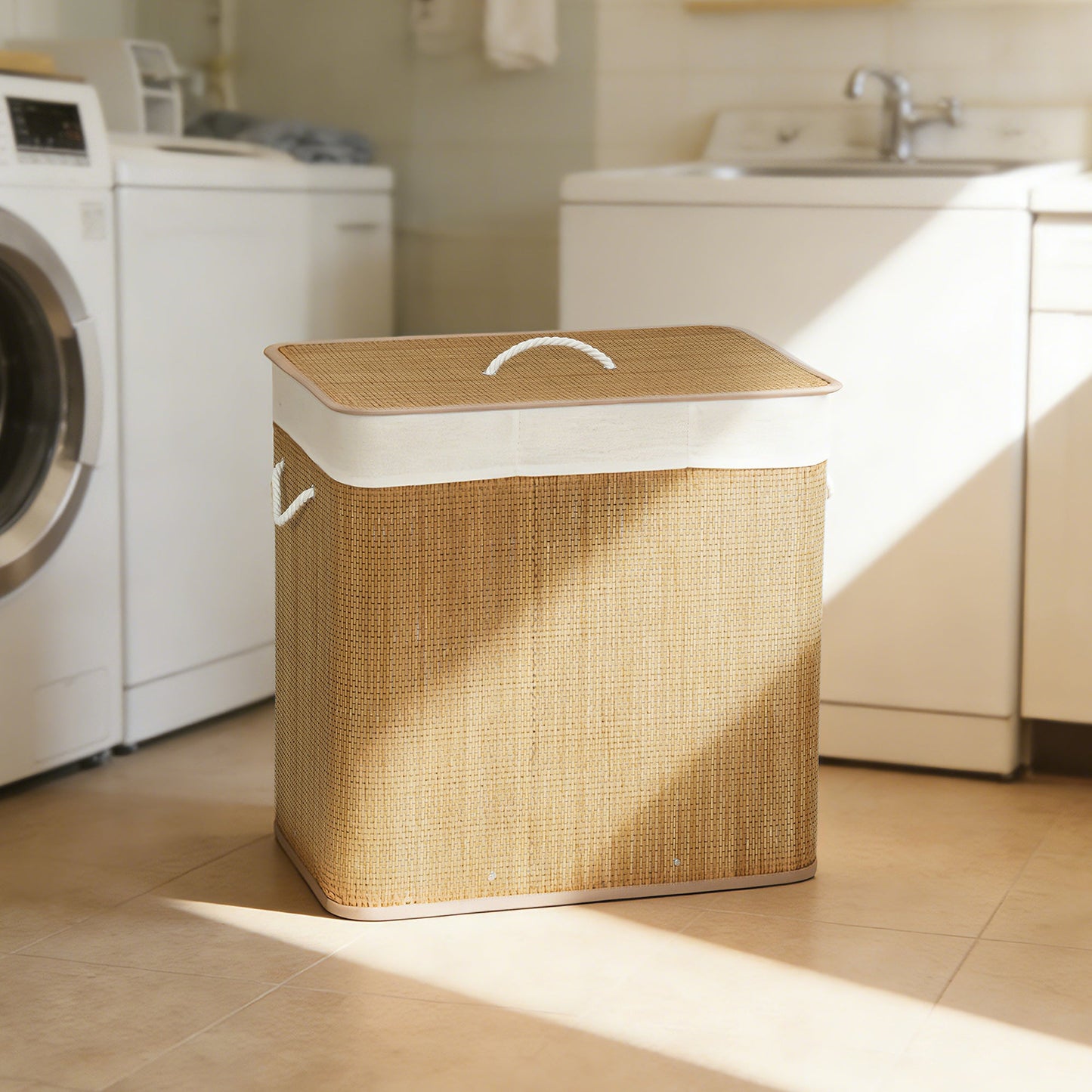 144L Laundry Basket with Lid, 3 Section Bamboo Laundry Hamper with Removable and Washable Liner, Handles, Dirty Clothes Hamper for Bathroom, Bedroom, Brown