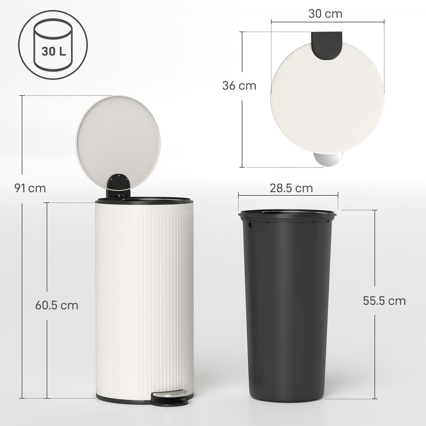 30 Litre Pedal Kitchen Bin with Soft Close and Stay Open Lid, Rubbish Bin with Removable Inner Bucket for Kitchen, Office, Home, Cream