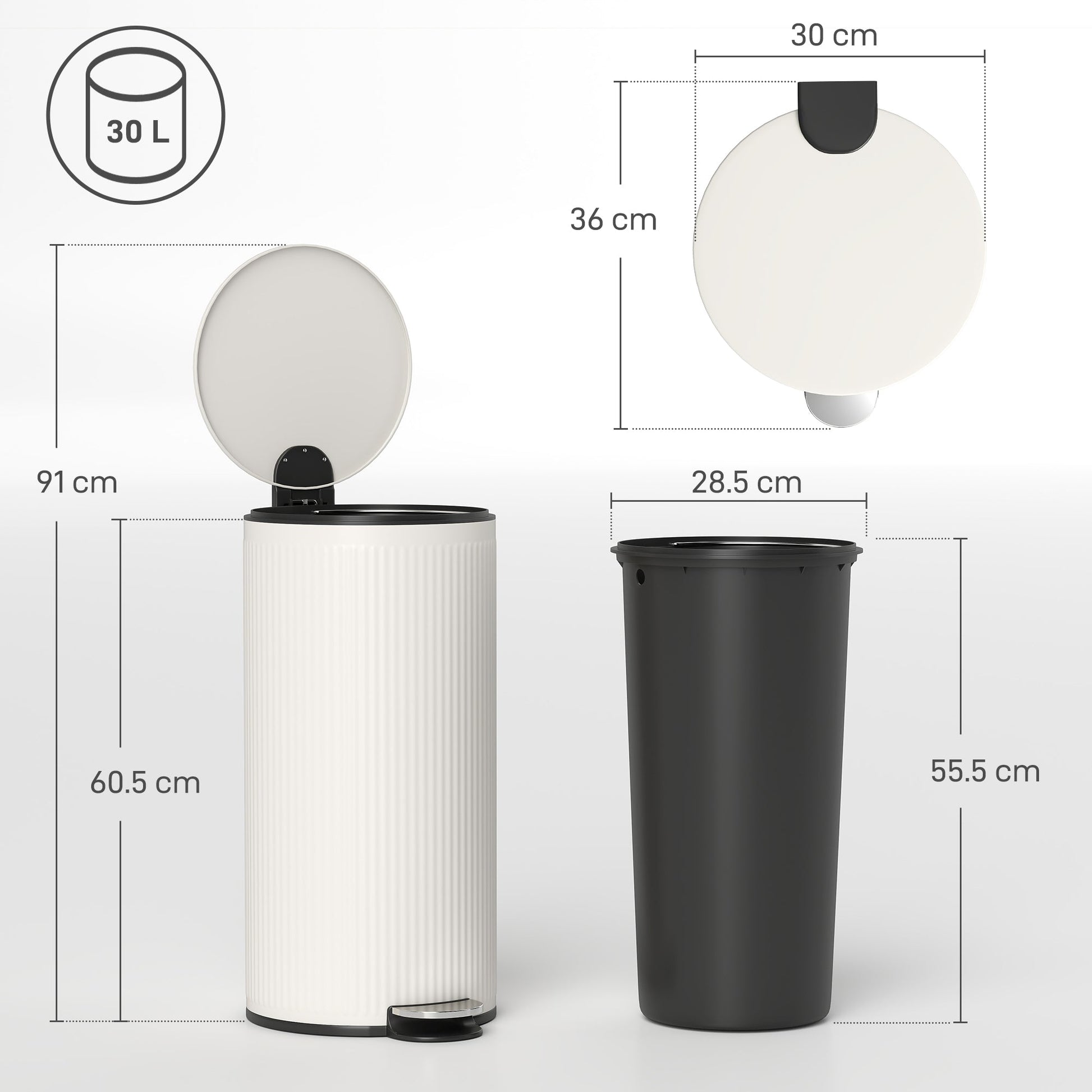 30 Litre Pedal Kitchen Bin with Soft Close and Stay Open Lid, Rubbish Bin with Removable Inner Bucket for Kitchen, Office, Home, Cream