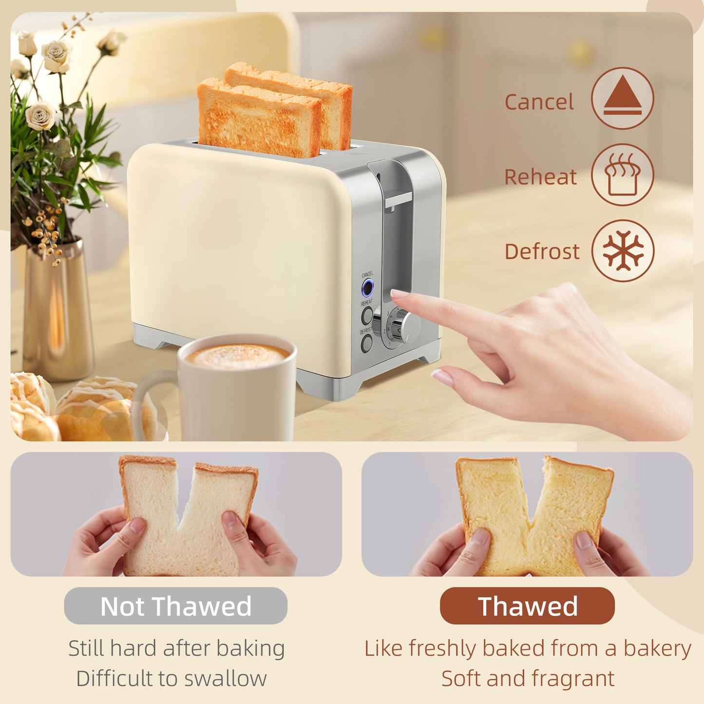 Kettle and Toaster Set with Temperature Gauge, 1.7L 3000W Rapid Boil Jug Kettle with Otter Thermostat, Limescale Filter, 2 Slice Toaster with 7 Browning Controls, Crumb Tray, Cream