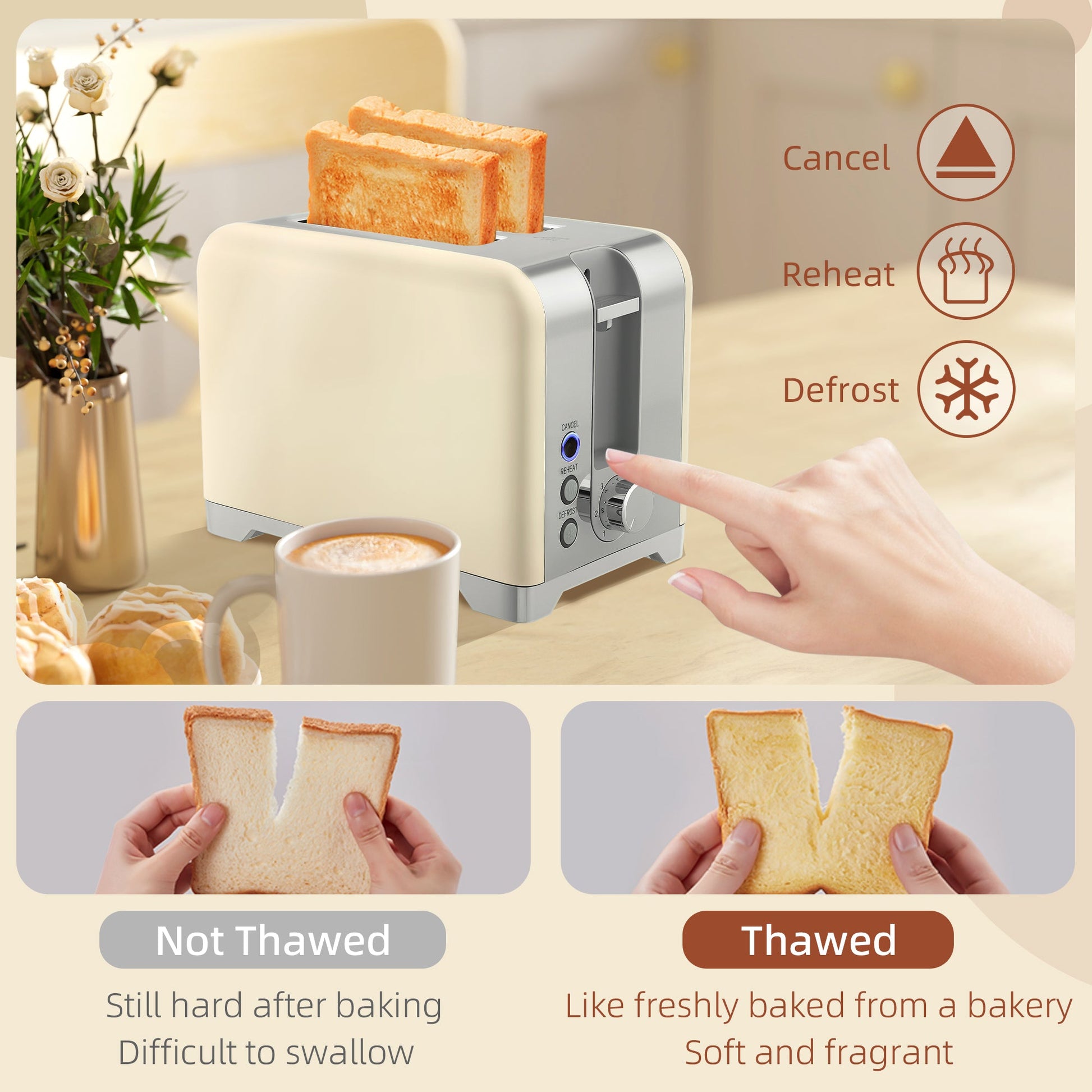 Kettle and Toaster Set with Temperature Gauge, 1.7L 3000W Rapid Boil Jug Kettle with Otter Thermostat, Limescale Filter, 2 Slice Toaster with 7 Browning Controls, Crumb Tray, Cream